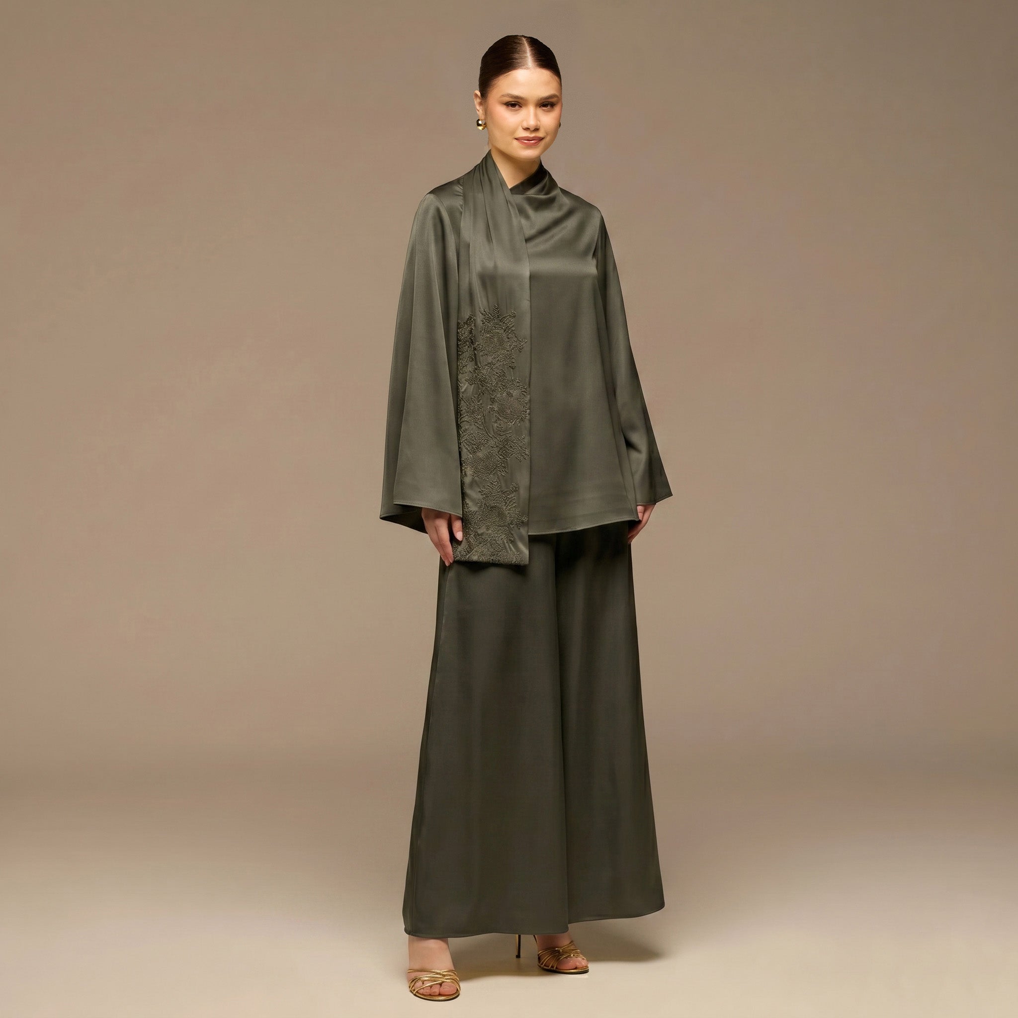 Green Loose Fit Long Sleeve Satin Blouse - shopaleena