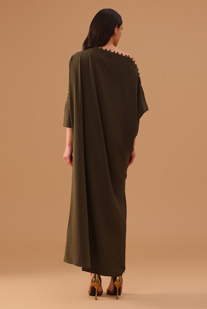 Green Off Shoulder Long Sleeve Crepe Kaftan - shopaleena
