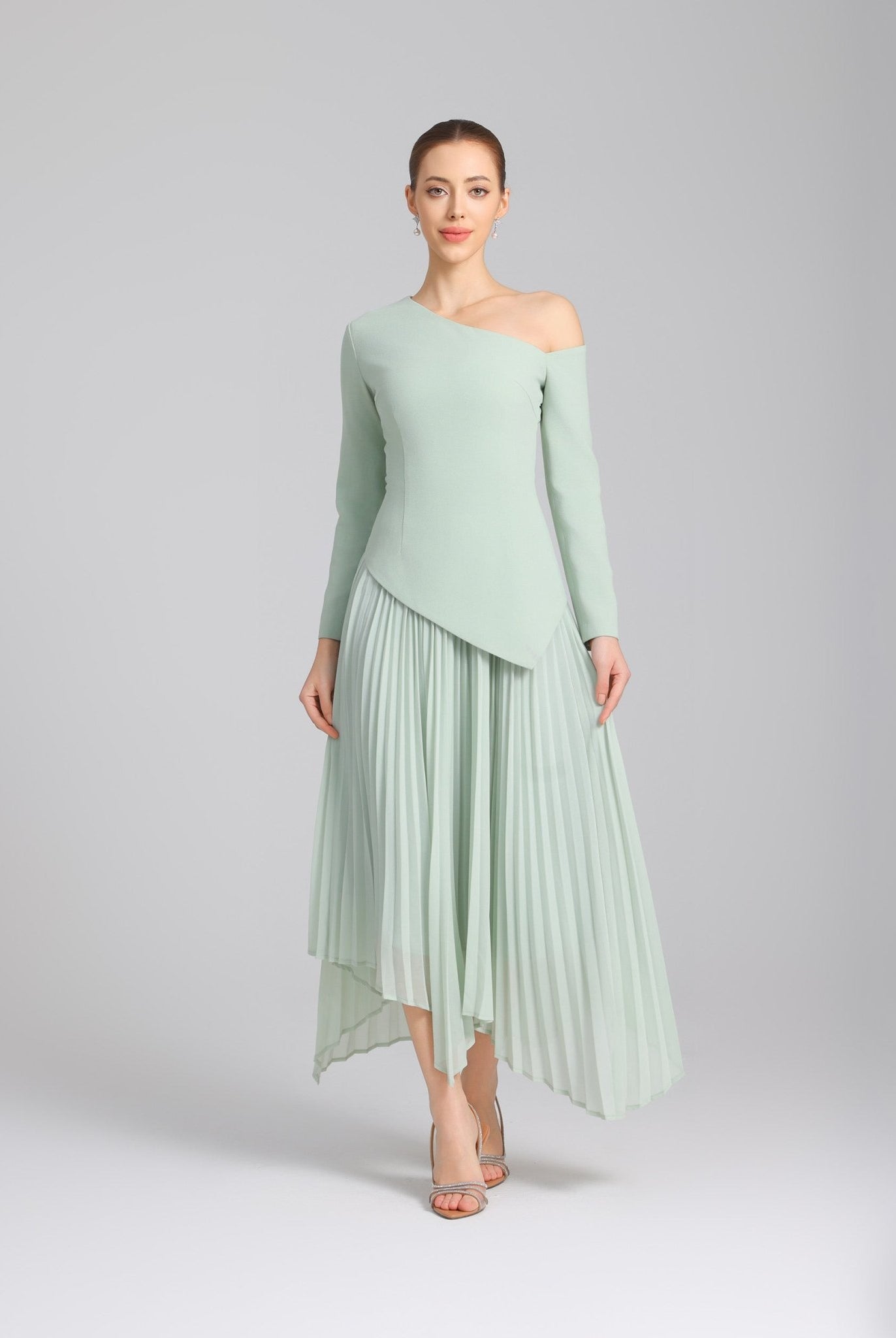 Green One - shoulder Crepe Dress With Pleated Skirt - shopaleena