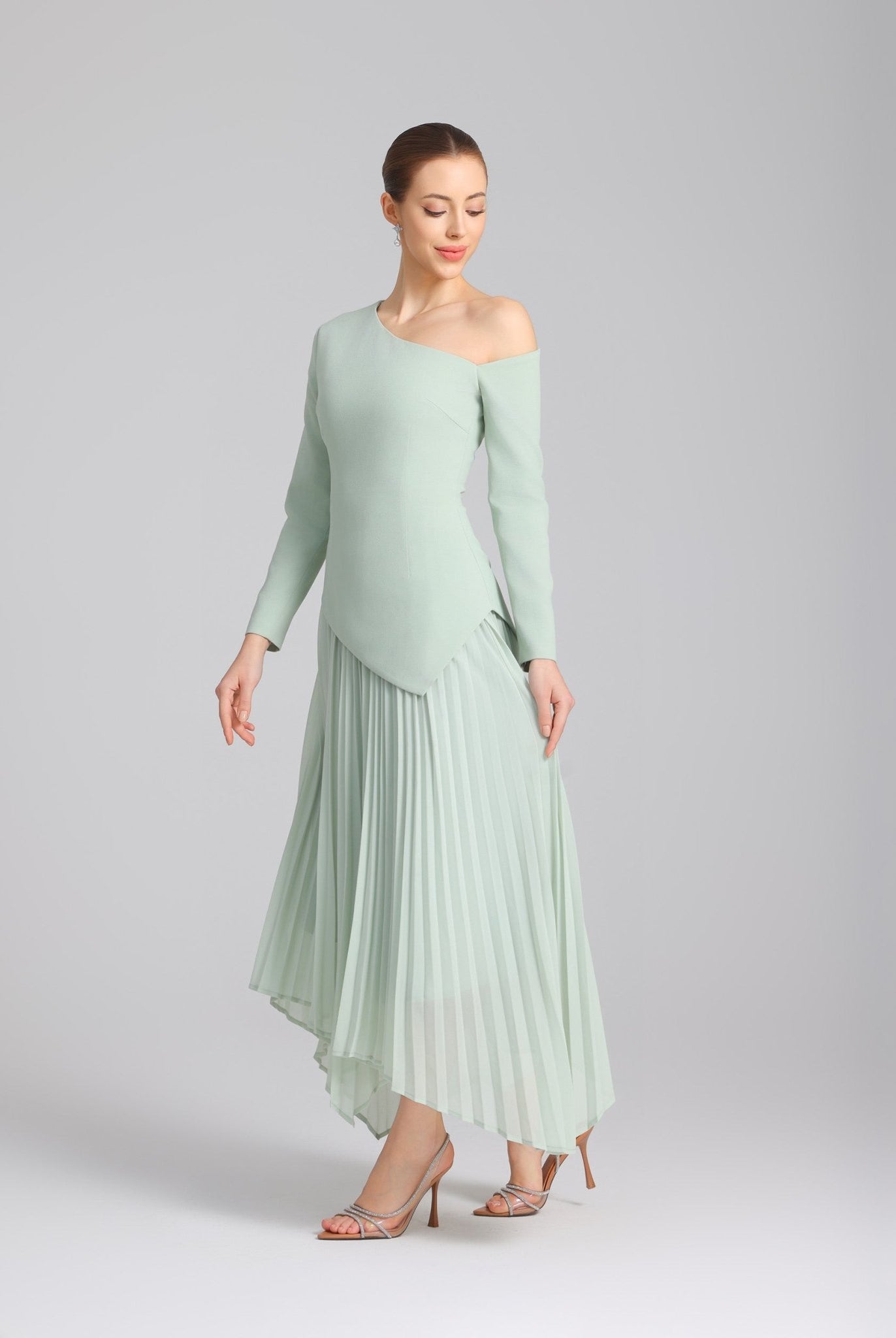 Green One - shoulder Crepe Dress With Pleated Skirt - shopaleena