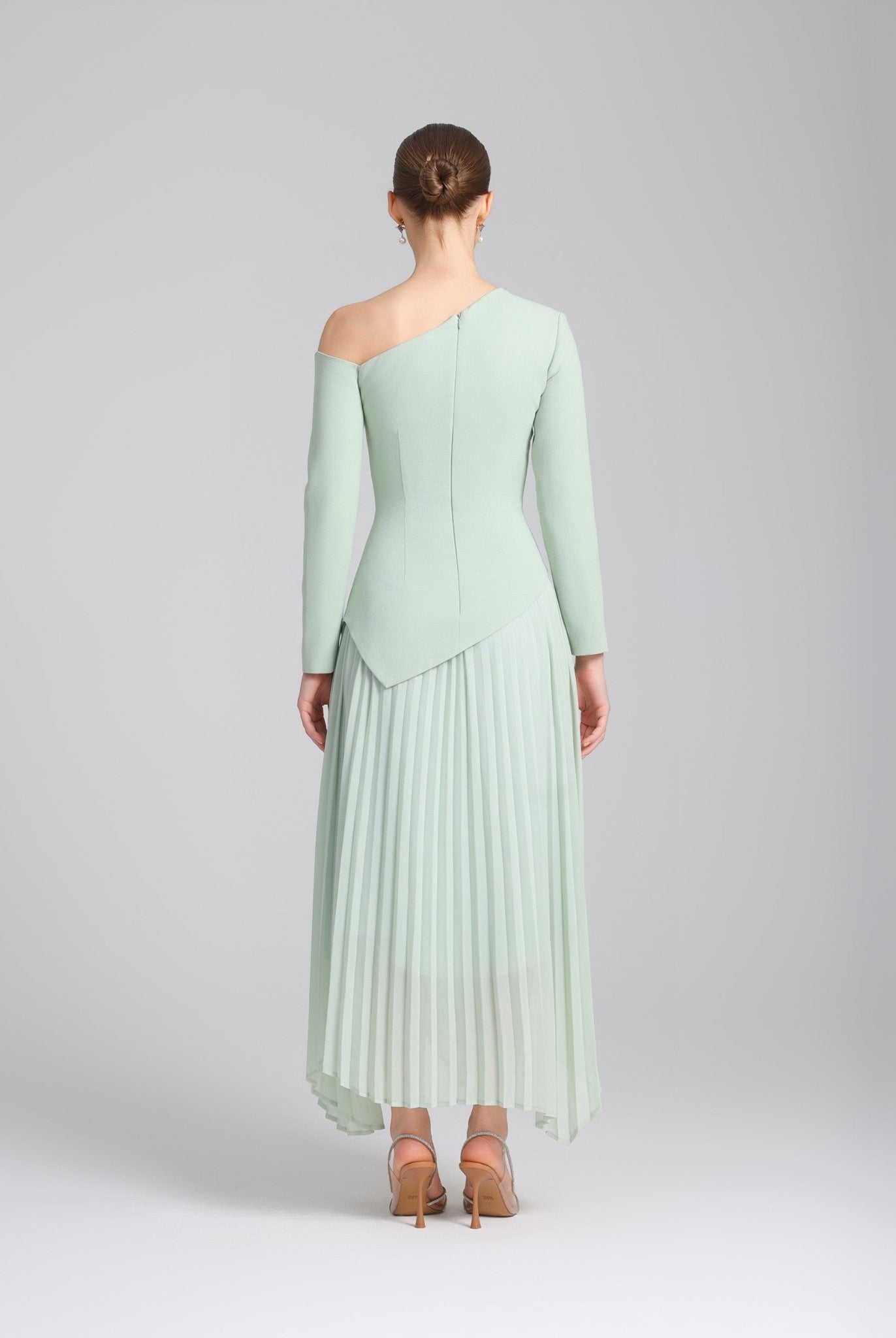 Green One - shoulder Crepe Dress With Pleated Skirt - shopaleena