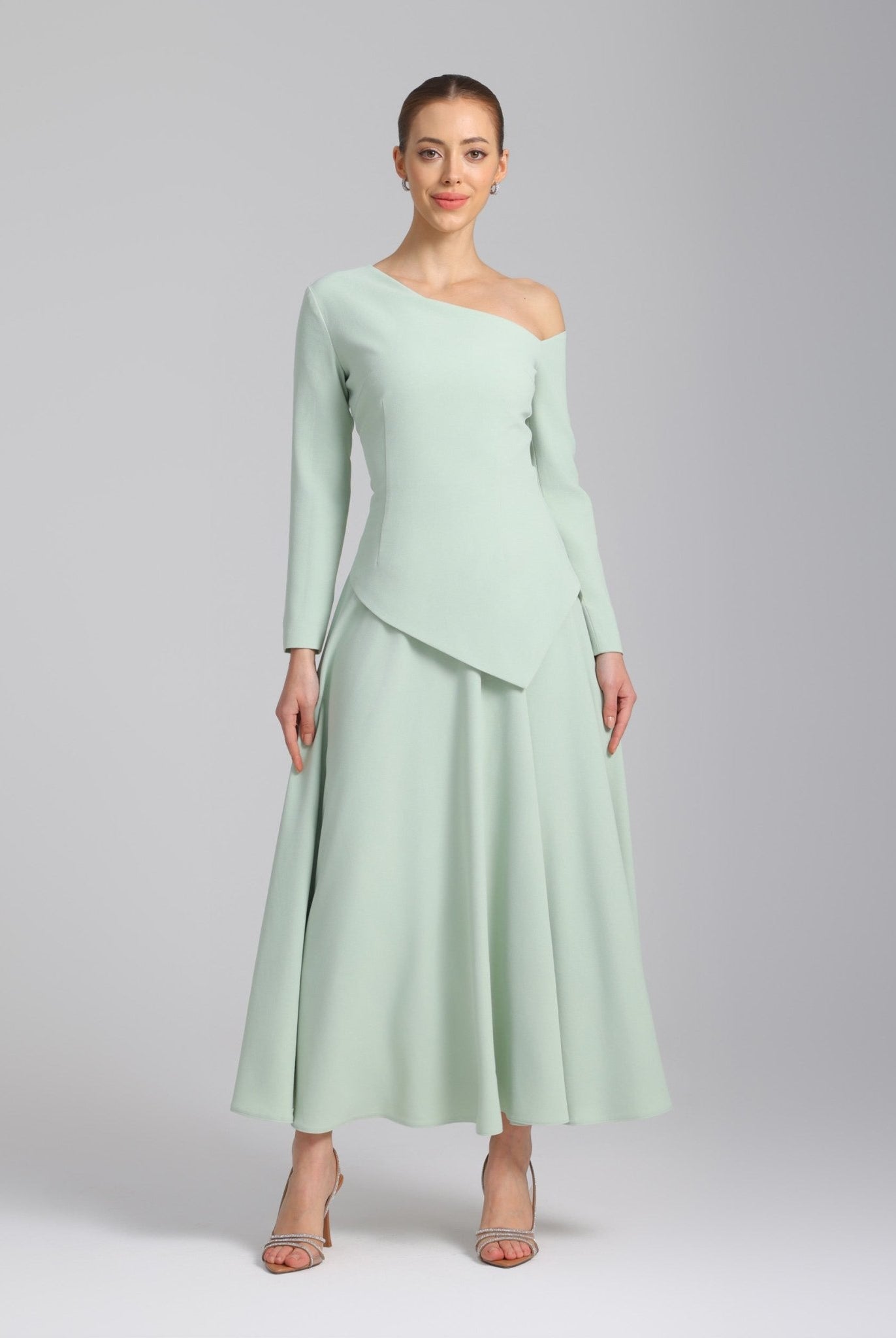 Green One - shoulder Long Sleeve Crepe dress - shopaleena