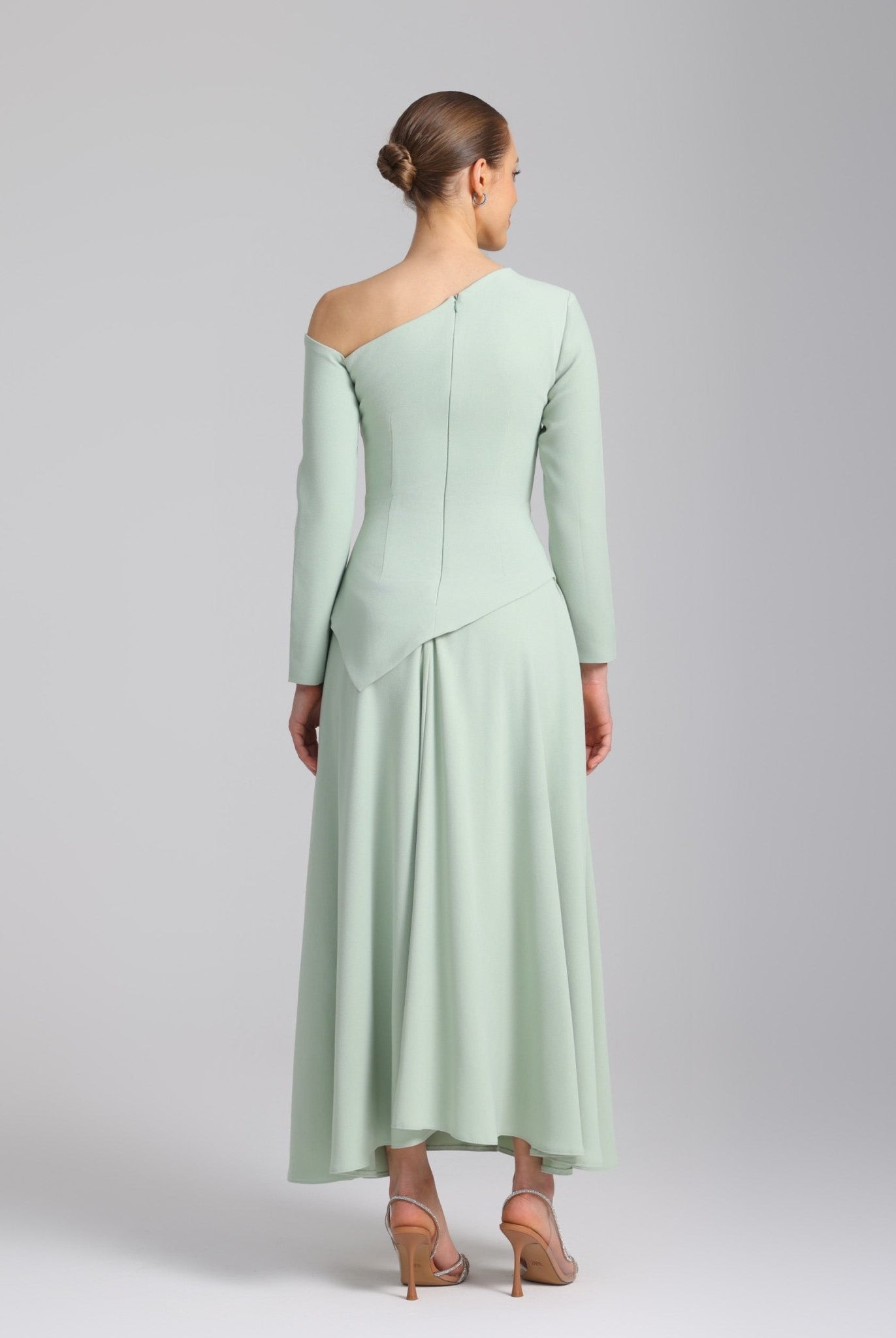 Green One - shoulder Long Sleeve Crepe dress - shopaleena