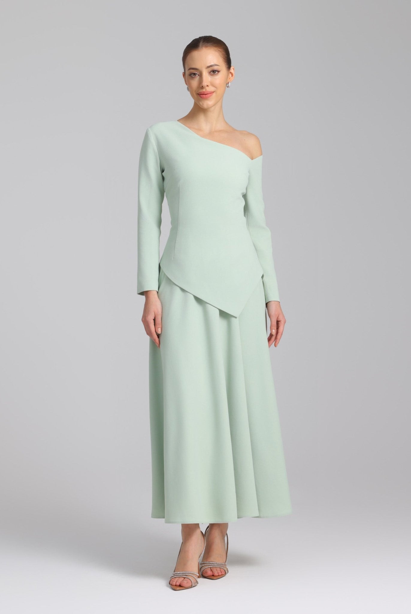Green One - shoulder Long Sleeve Crepe dress - shopaleena