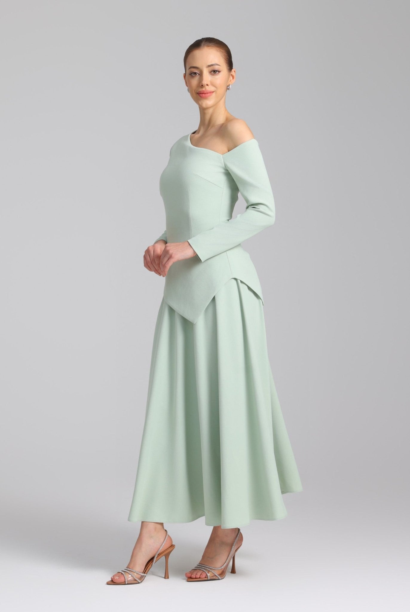 Green One - shoulder Long Sleeve Crepe dress - shopaleena