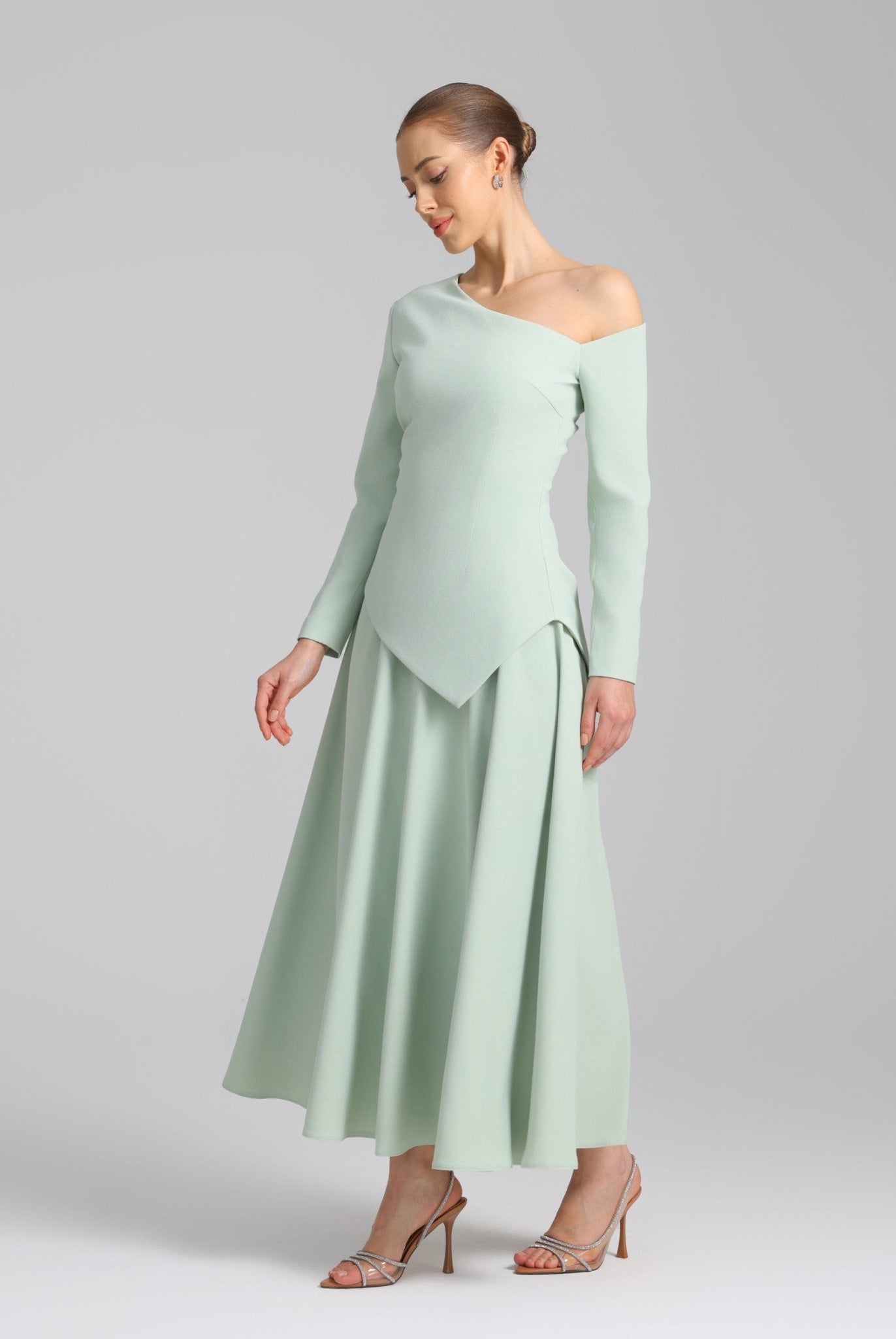 Green One - shoulder Long Sleeve Crepe dress - shopaleena