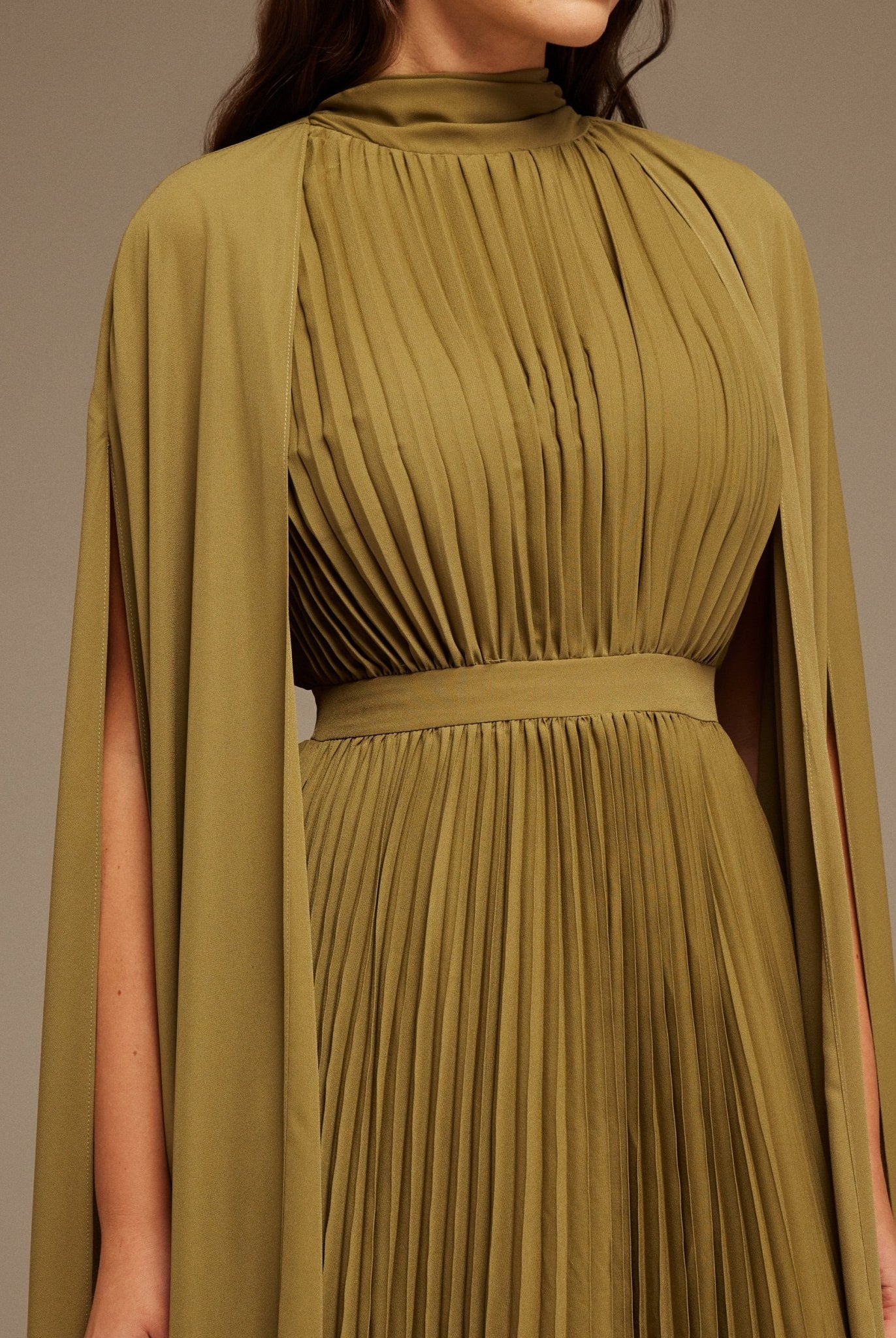 Green Pleated A - line Dress with Cape Sleeves and High Neck Scarf - shopaleena
