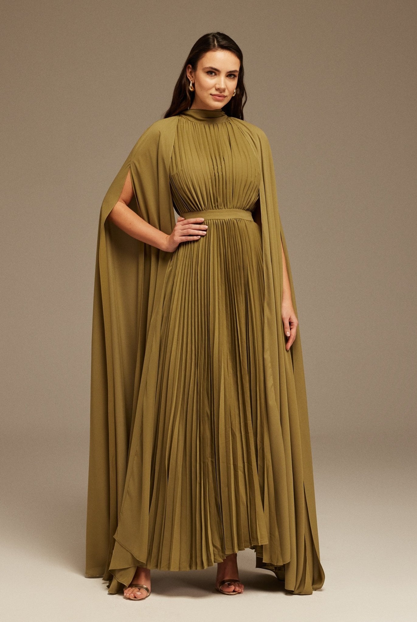 Green Pleated A - line Dress with Cape Sleeves and High Neck Scarf - shopaleena