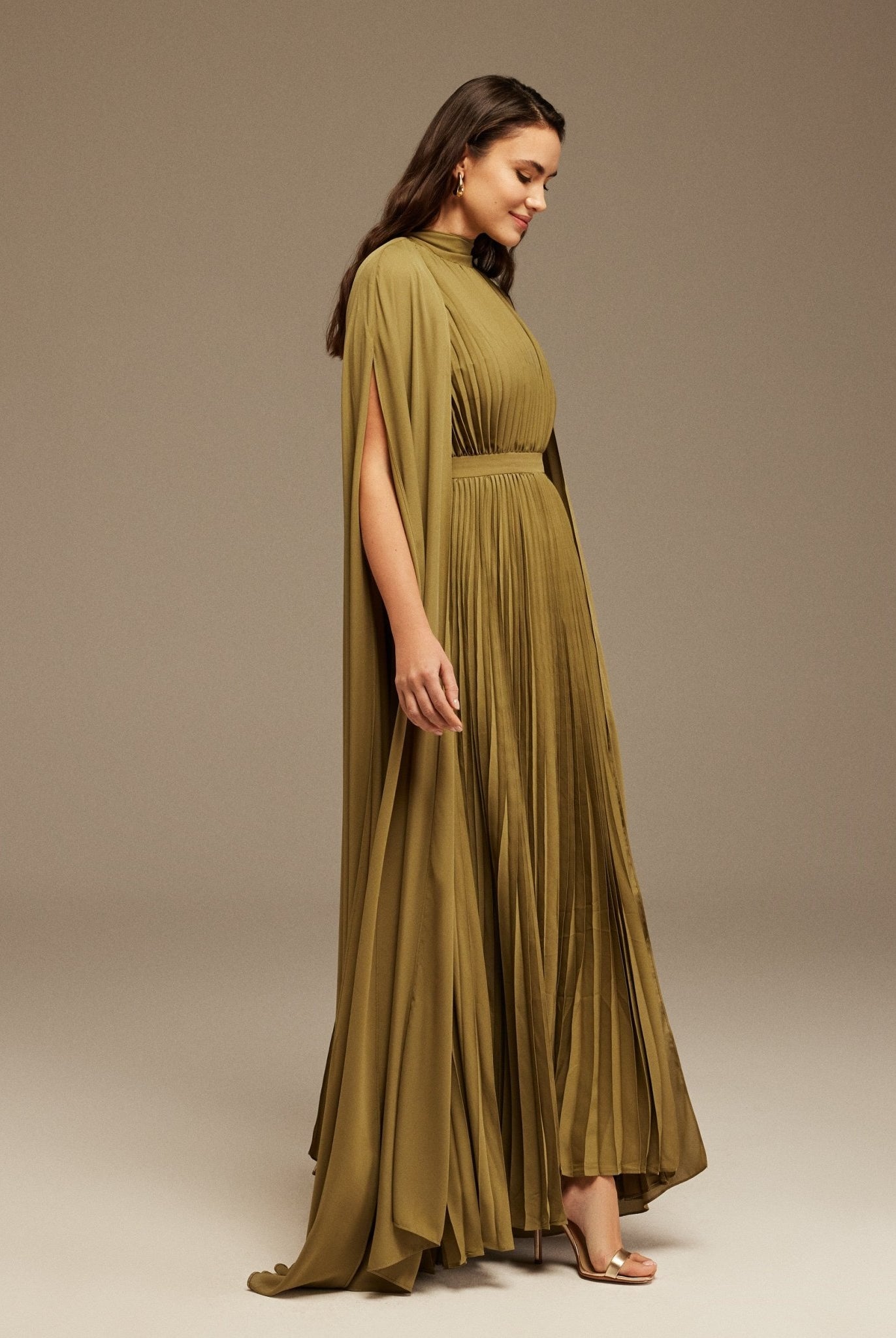 Green Pleated A - line Dress with Cape Sleeves and High Neck Scarf - shopaleena