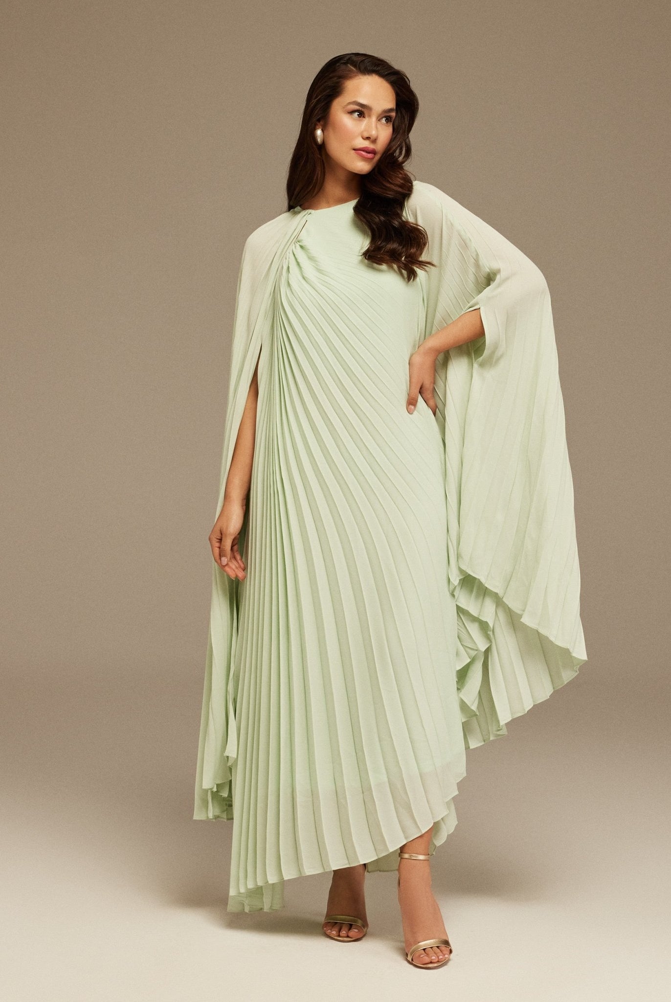 Green Pleated Cape Midi Dress - shopaleena