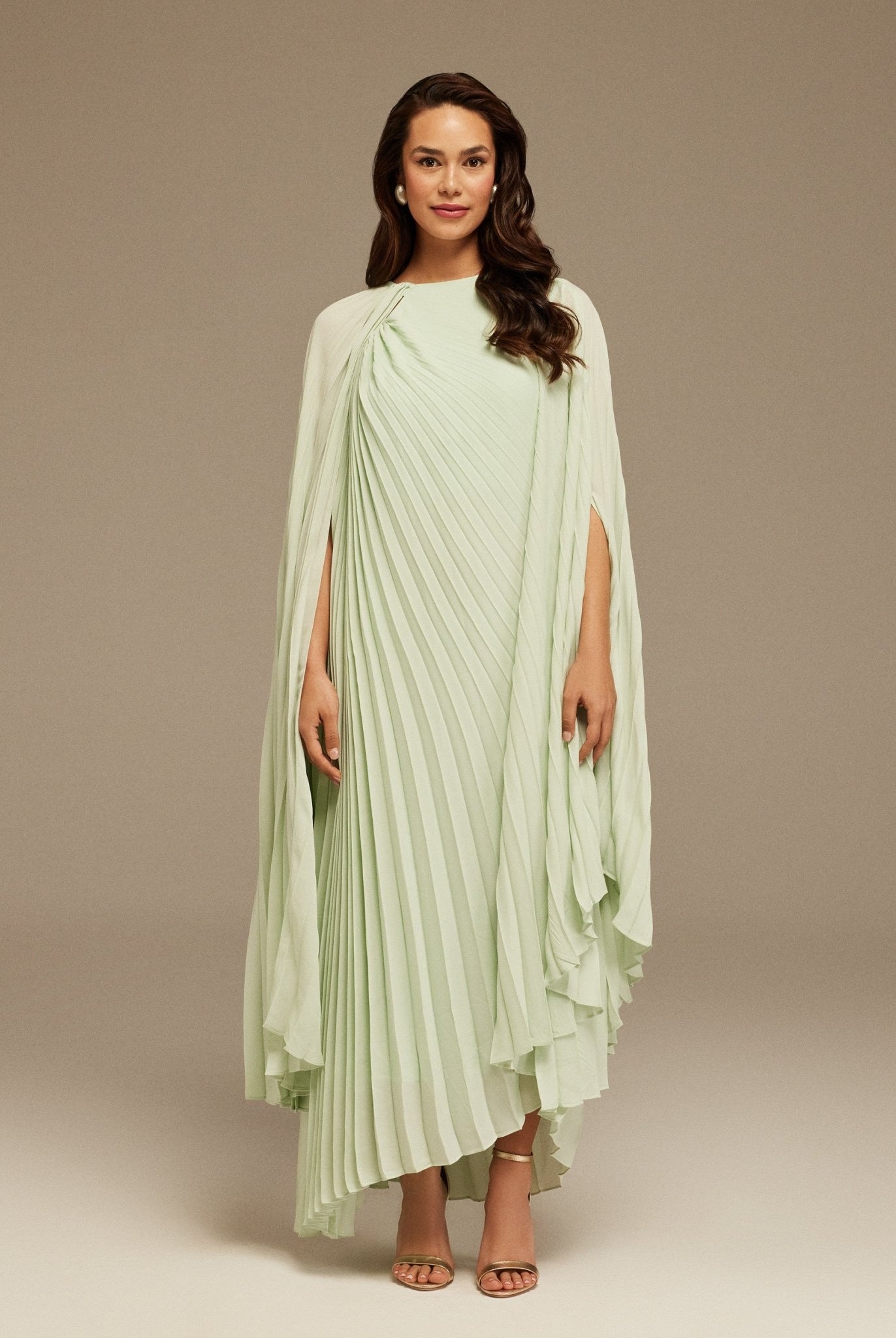 Green Pleated Cape Midi Dress - shopaleena