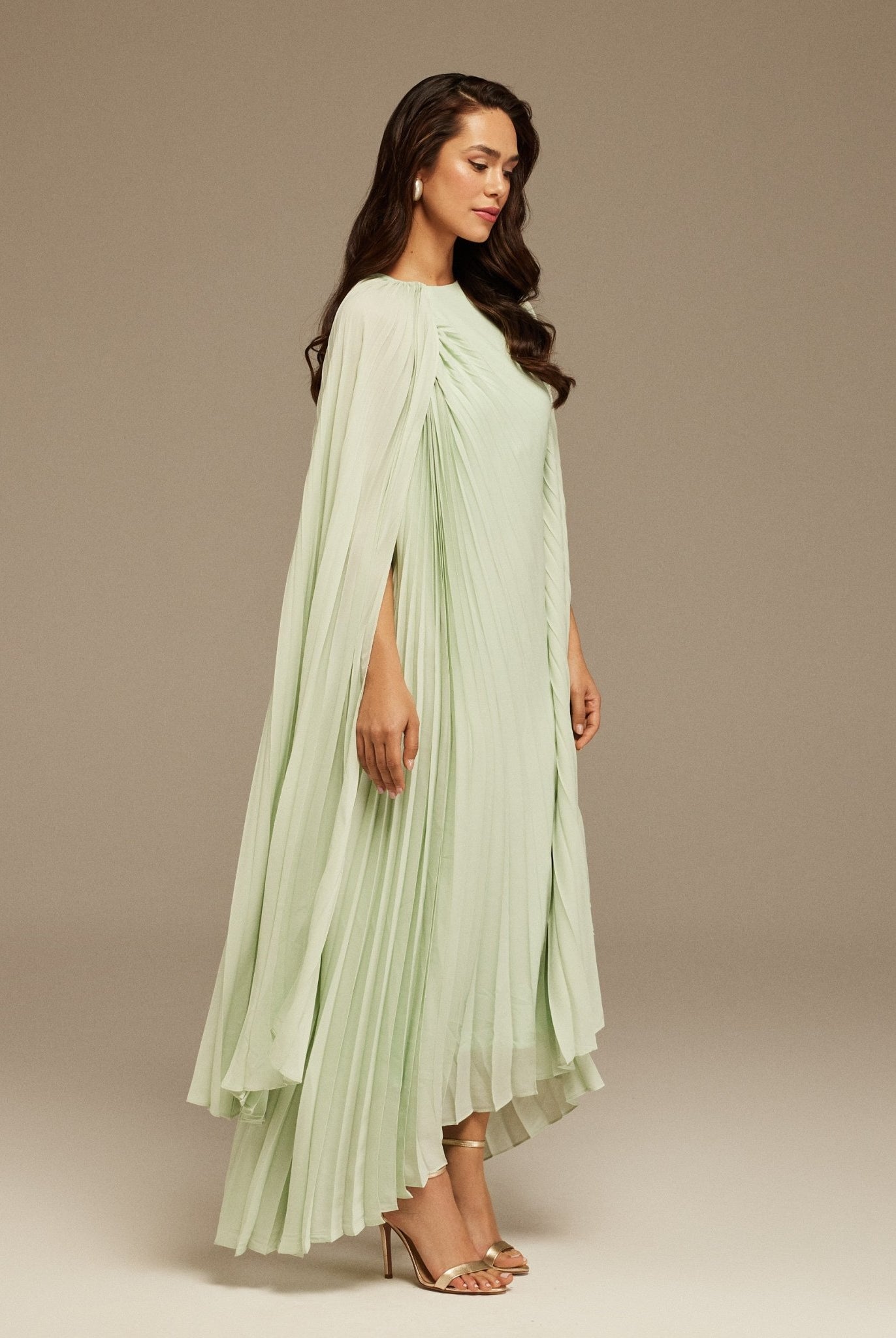 Green Pleated Cape Midi Dress - shopaleena