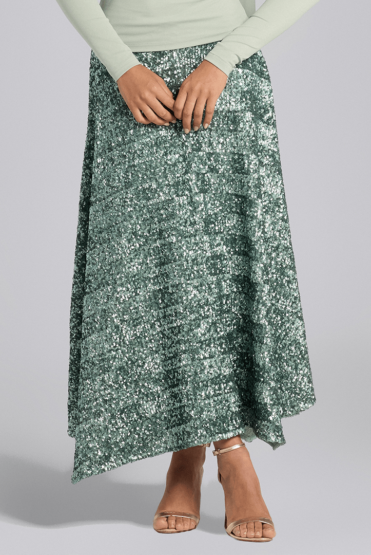 Green Sequin A - Line Flared Skirt - shopaleena