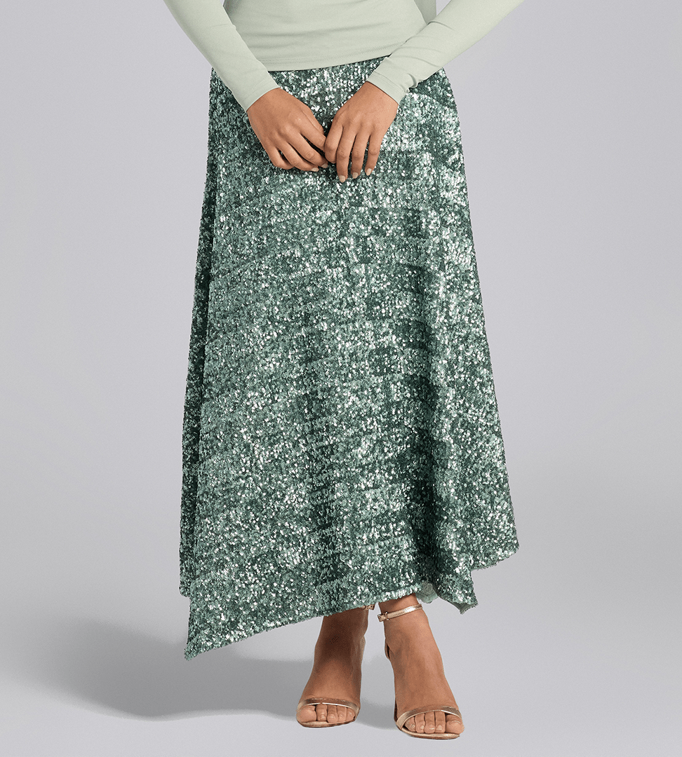 Green Sequin A - Line Flared Skirt - shopaleena