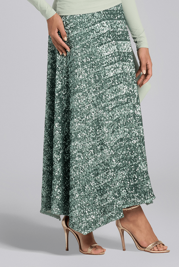 Green Sequin A - Line Flared Skirt - shopaleena