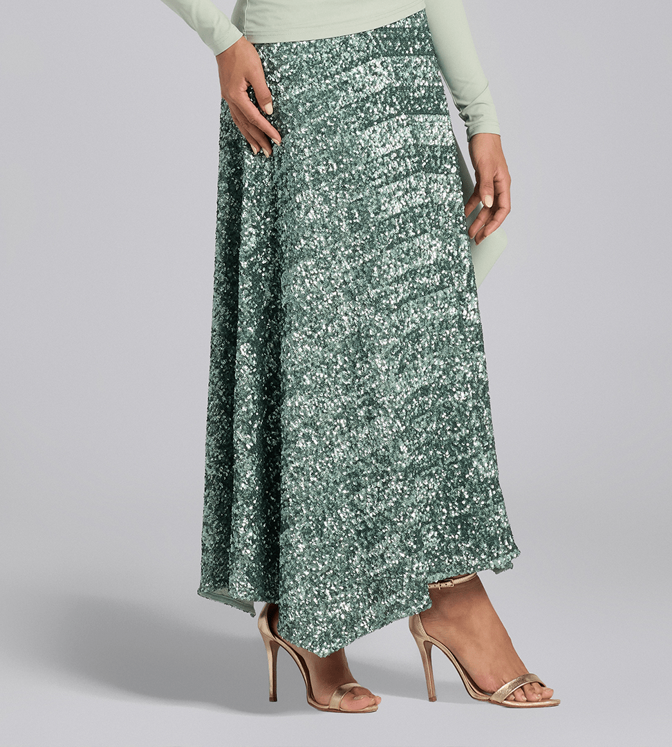 Green Sequin A - Line Flared Skirt - shopaleena