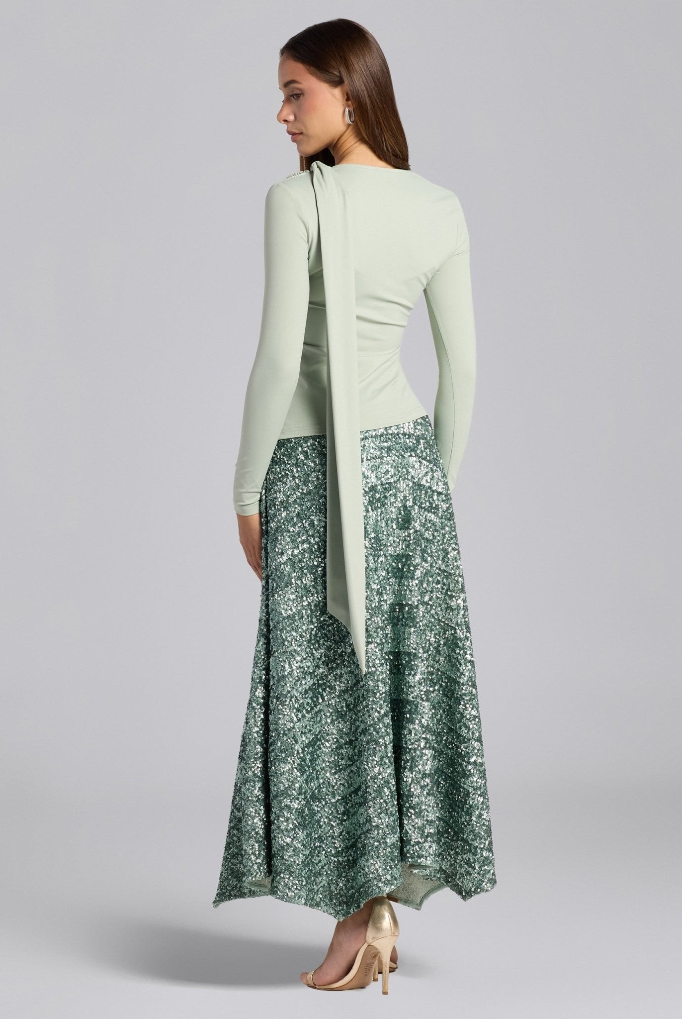 Green Sequin A - Line Flared Skirt - shopaleena