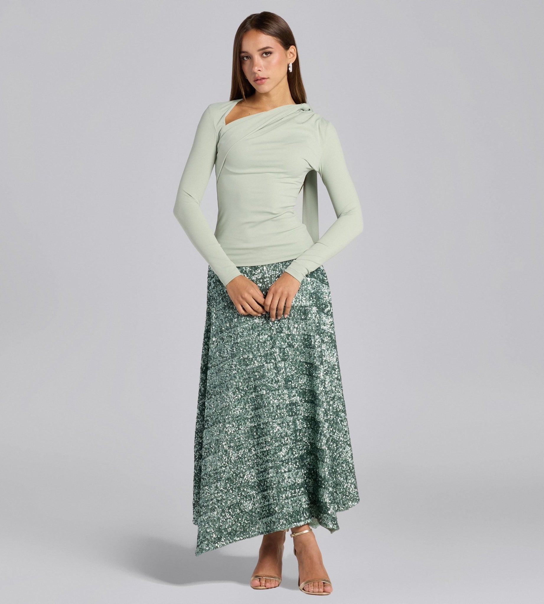 Green Sequin A - Line Flared Skirt - shopaleena