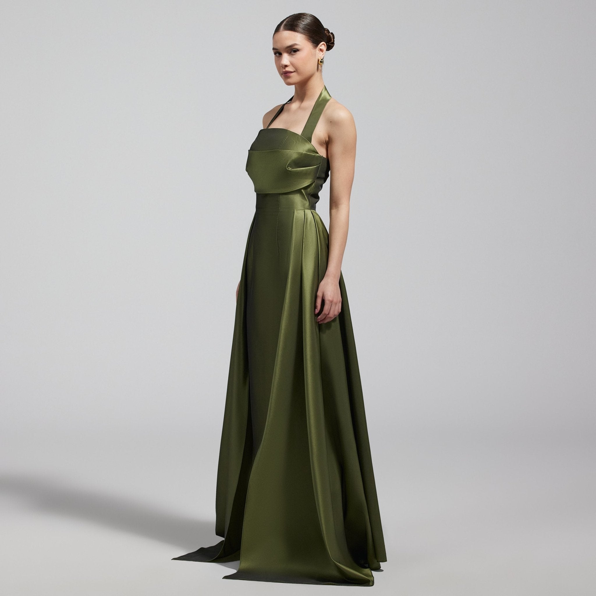 Green Taffeta Halter Neck Maxi Dress - shopaleena