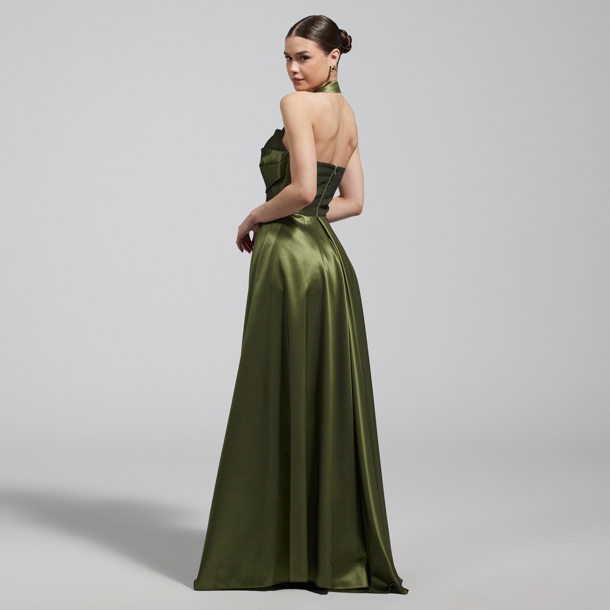 Green Taffeta Halter Neck Maxi Dress - shopaleena