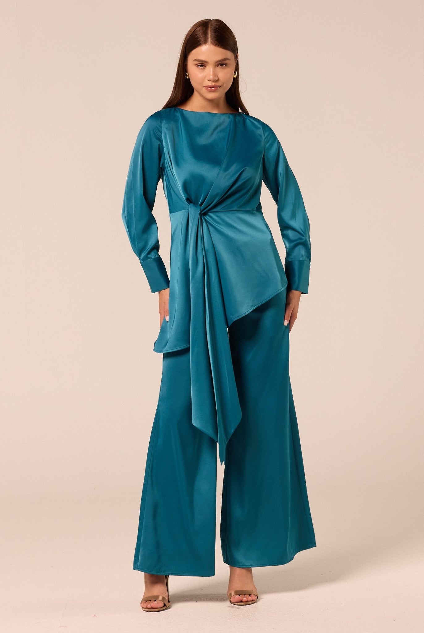 Green Tie-Front Satin Blouse - shopaleena