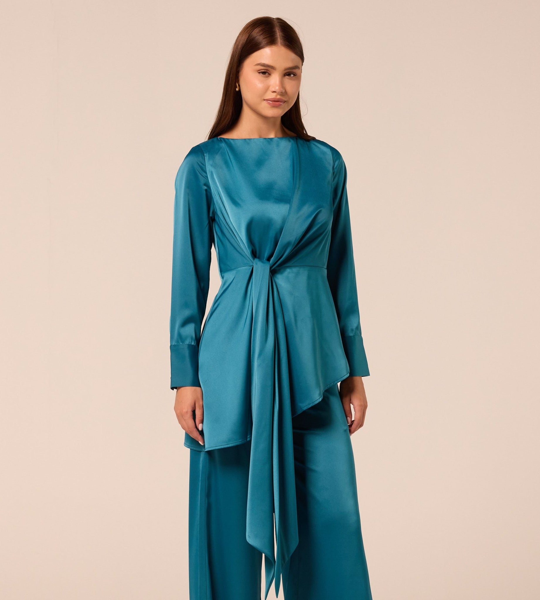 Green Tie-Front Satin Blouse - shopaleena