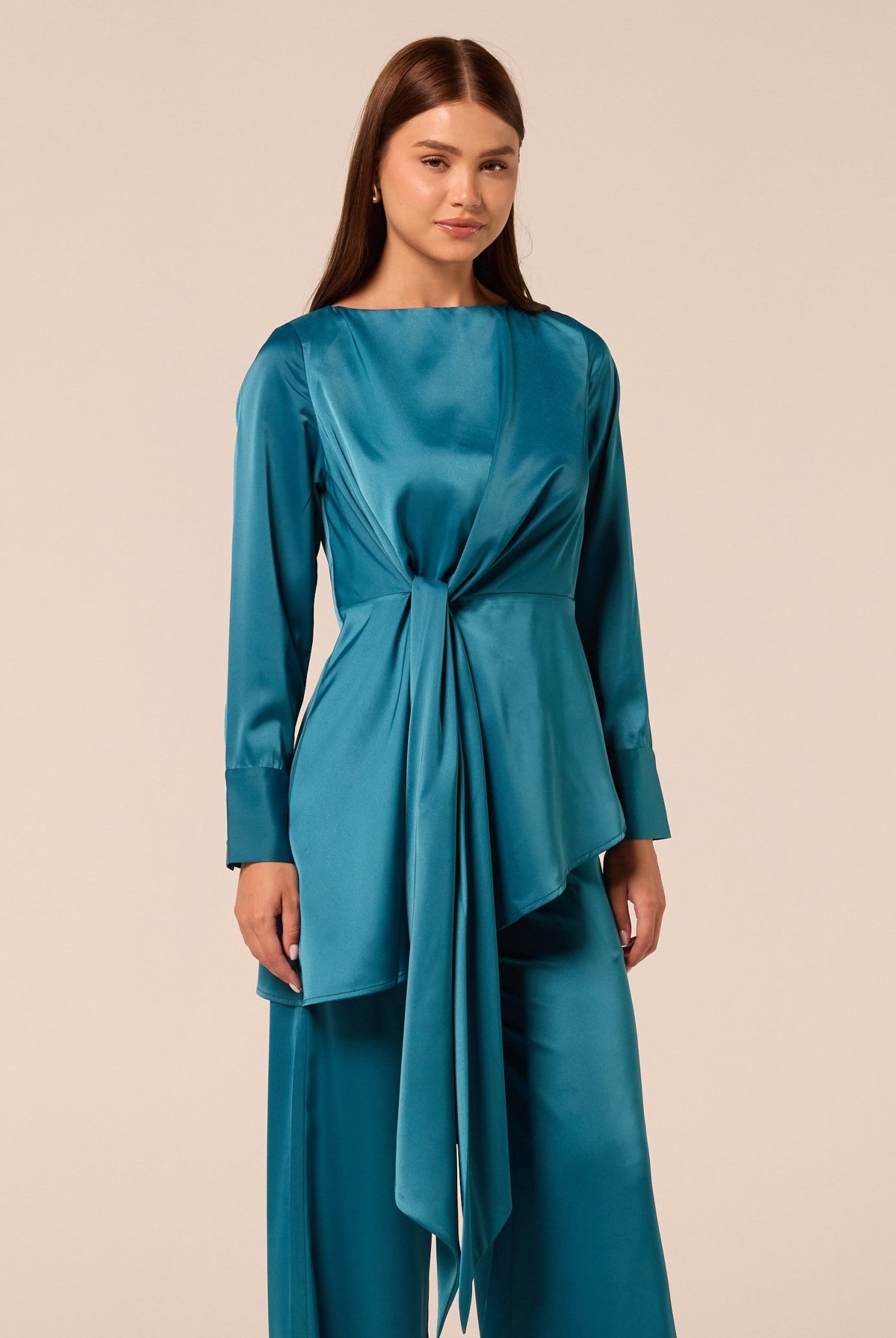 Green Tie-Front Satin Blouse - shopaleena