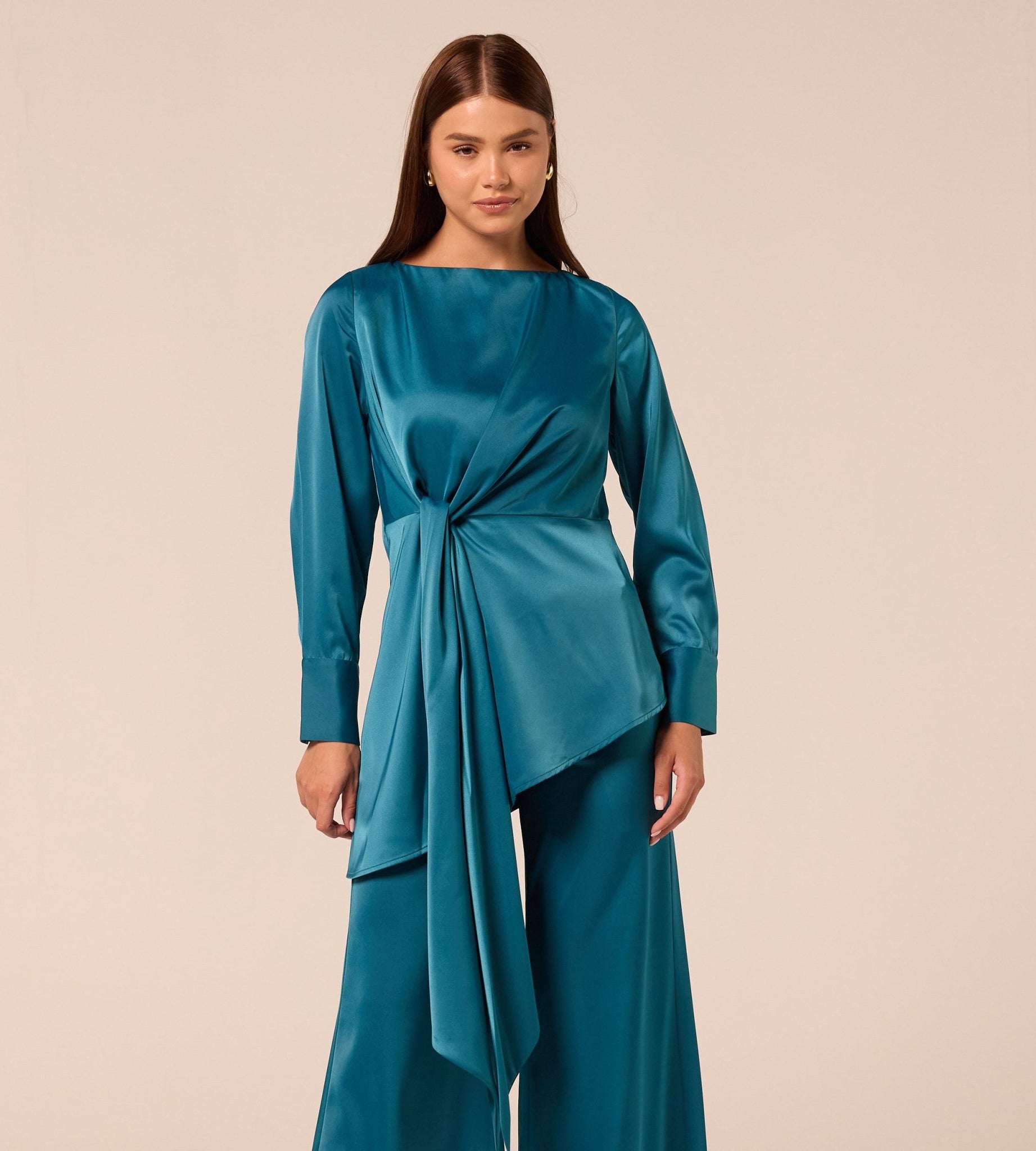 Green Tie-Front Satin Blouse - shopaleena