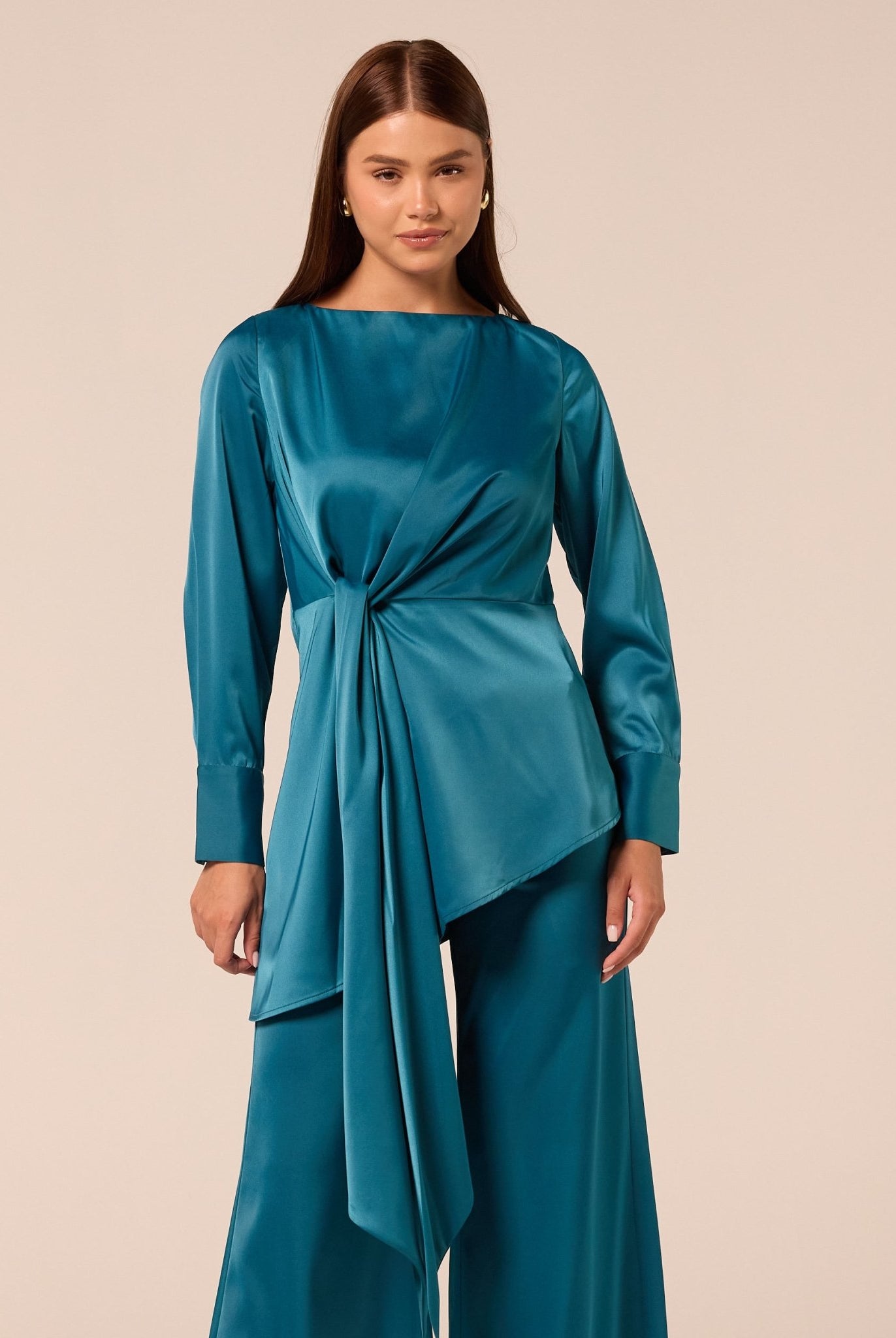 Green Tie-Front Satin Blouse - shopaleena