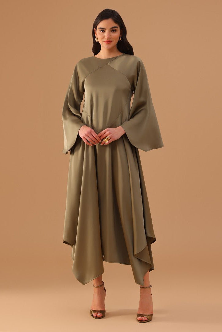 Green Two - Tone Cape Dress with Asymmetrical Hem - shopaleena