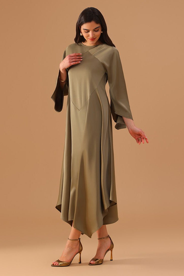 Green Two - Tone Cape Dress with Asymmetrical Hem - shopaleena