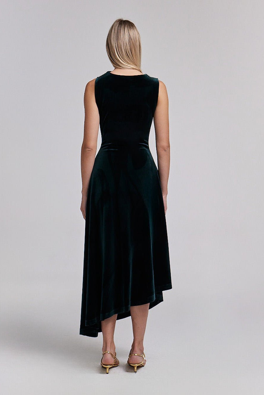 Green Velvet Midi Dress With Asymmetric Skirt - shopaleena
