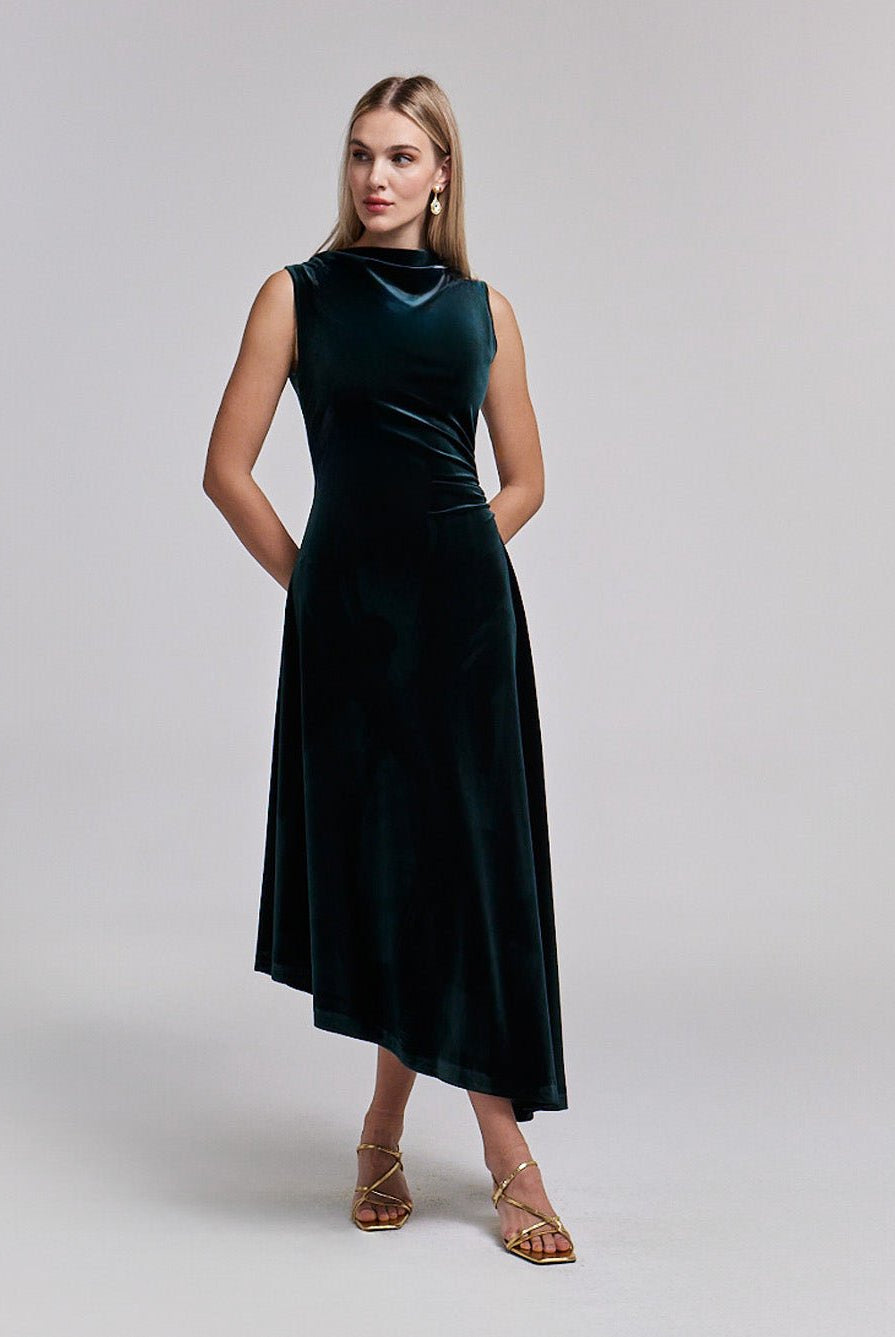 Green Velvet Midi Dress With Asymmetric Skirt - shopaleena