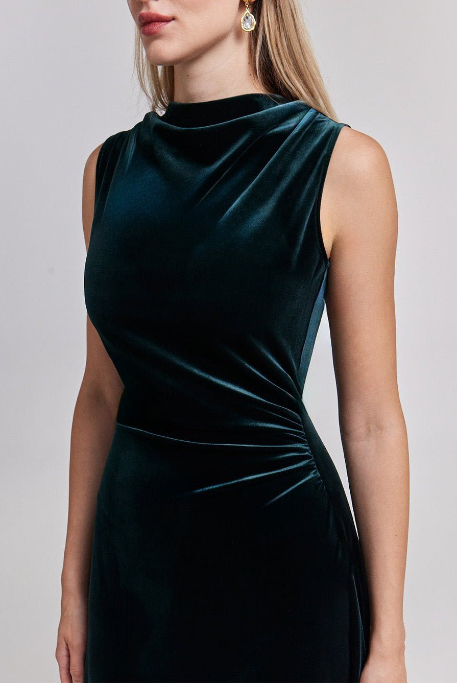 Green Velvet Midi Dress With Asymmetric Skirt - shopaleena