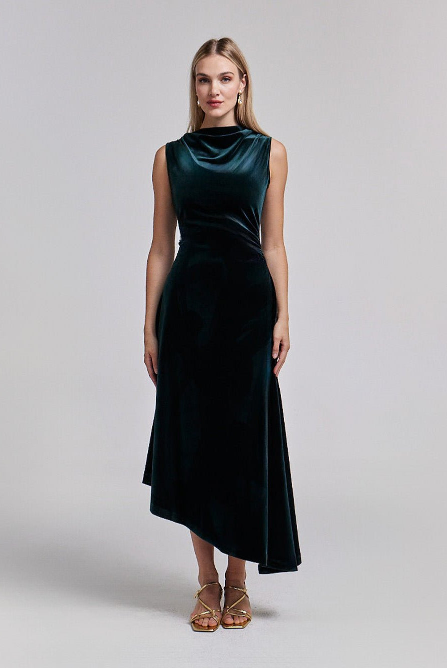 Green Velvet Midi Dress With Asymmetric Skirt - shopaleena