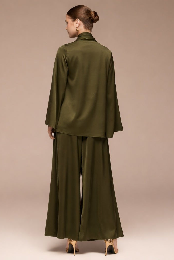 Green Wide Leg Satin Pants - shopaleena