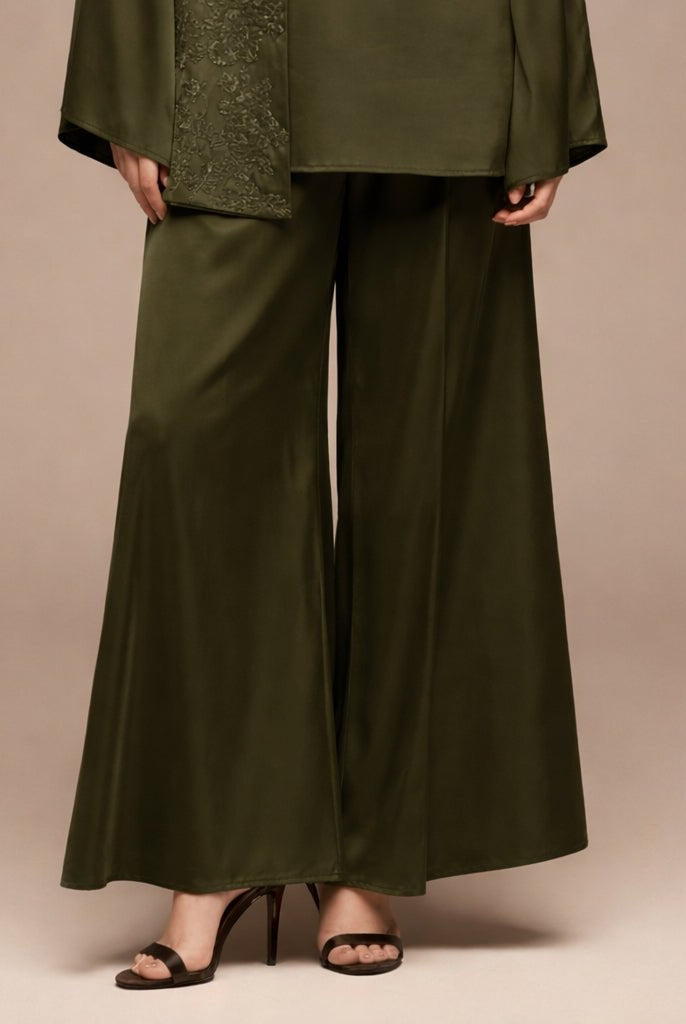Green Wide Leg Satin Pants - shopaleena