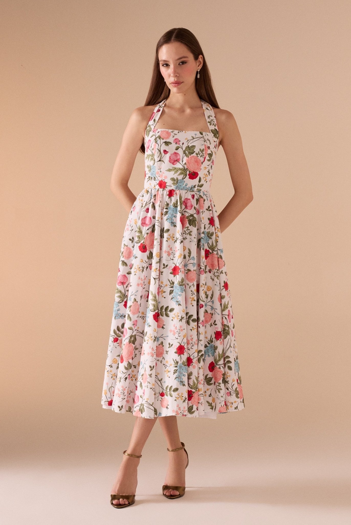 Halter Neck A - line Printed Midi Dress - shopaleena