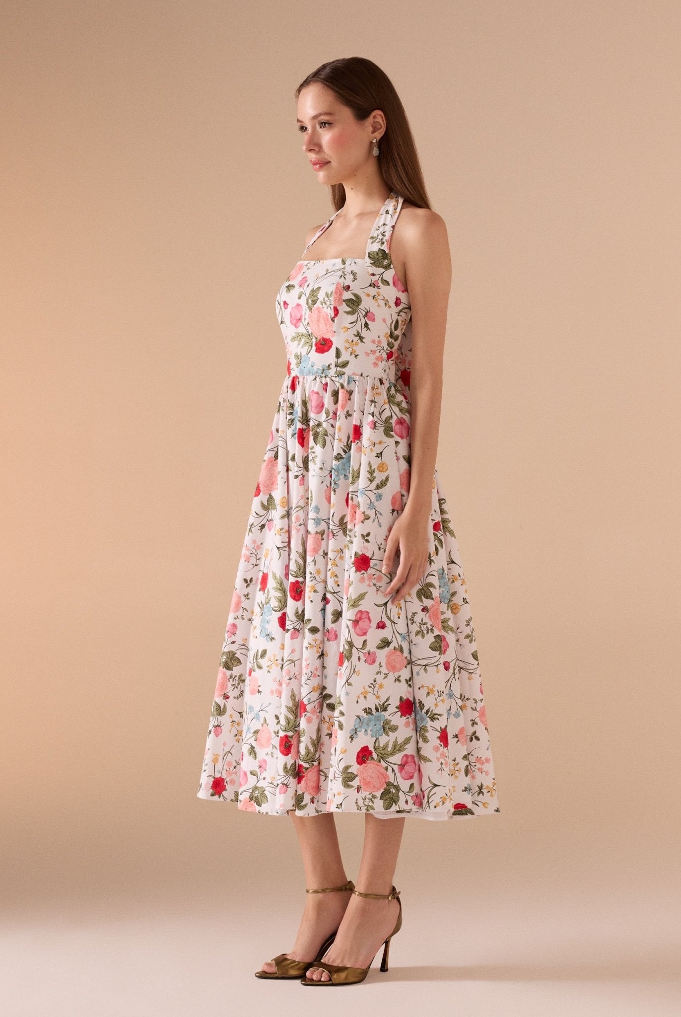 Halter Neck A - line Printed Midi Dress - shopaleena