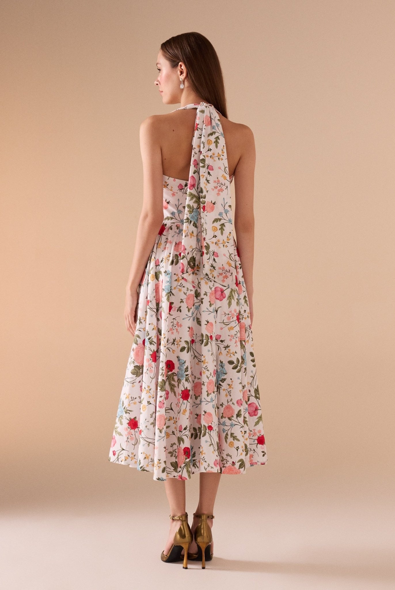 Halter Neck A - line Printed Midi Dress - shopaleena