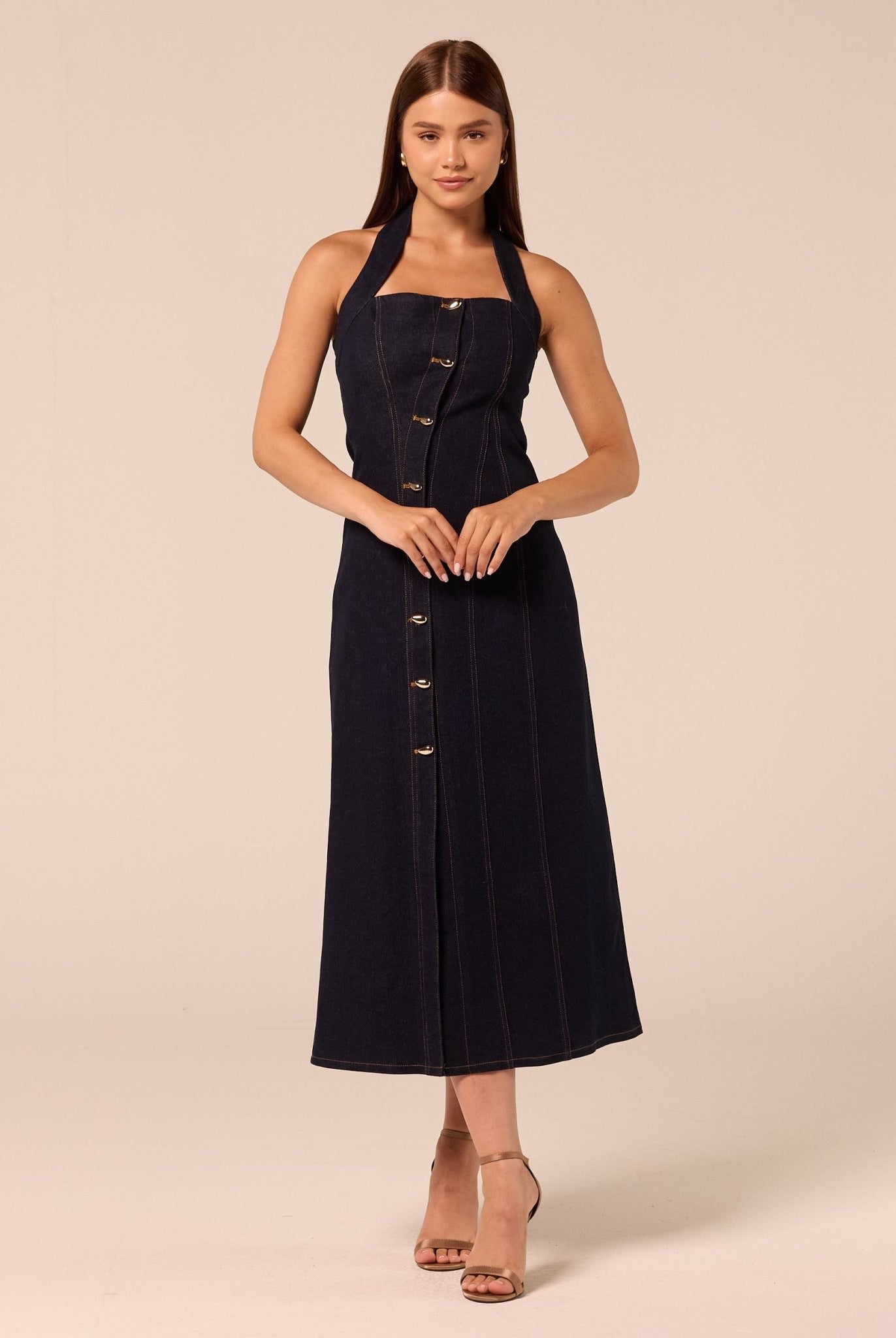 Halter Neck Denim Dress with Gold Buttons - shopaleena