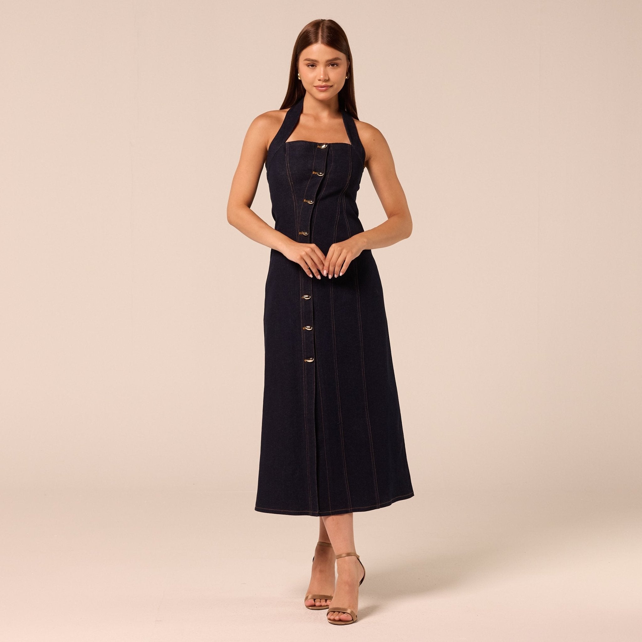 Halter Neck Denim Dress with Gold Buttons - shopaleena