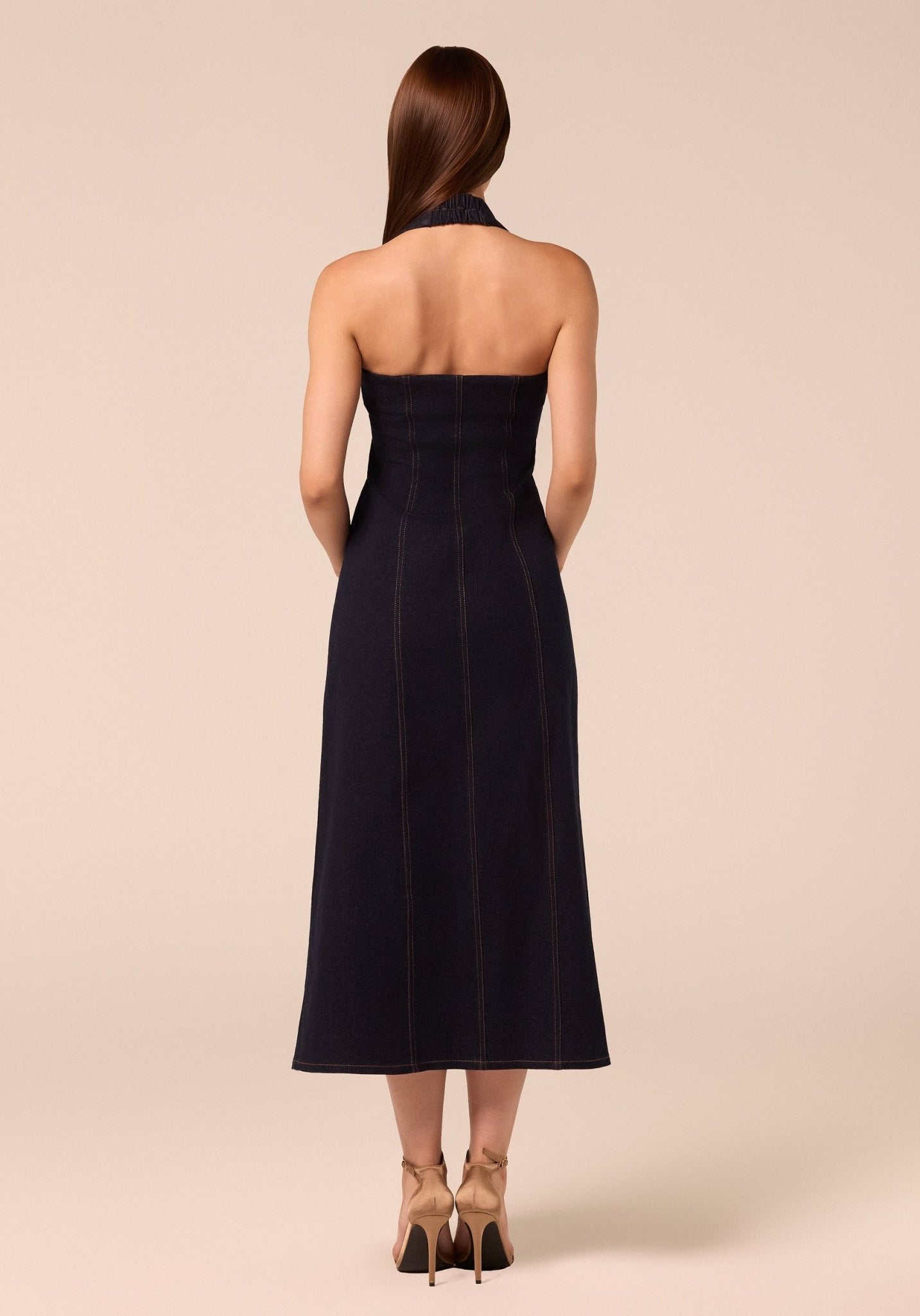 Halter Neck Denim Dress with Gold Buttons - shopaleena