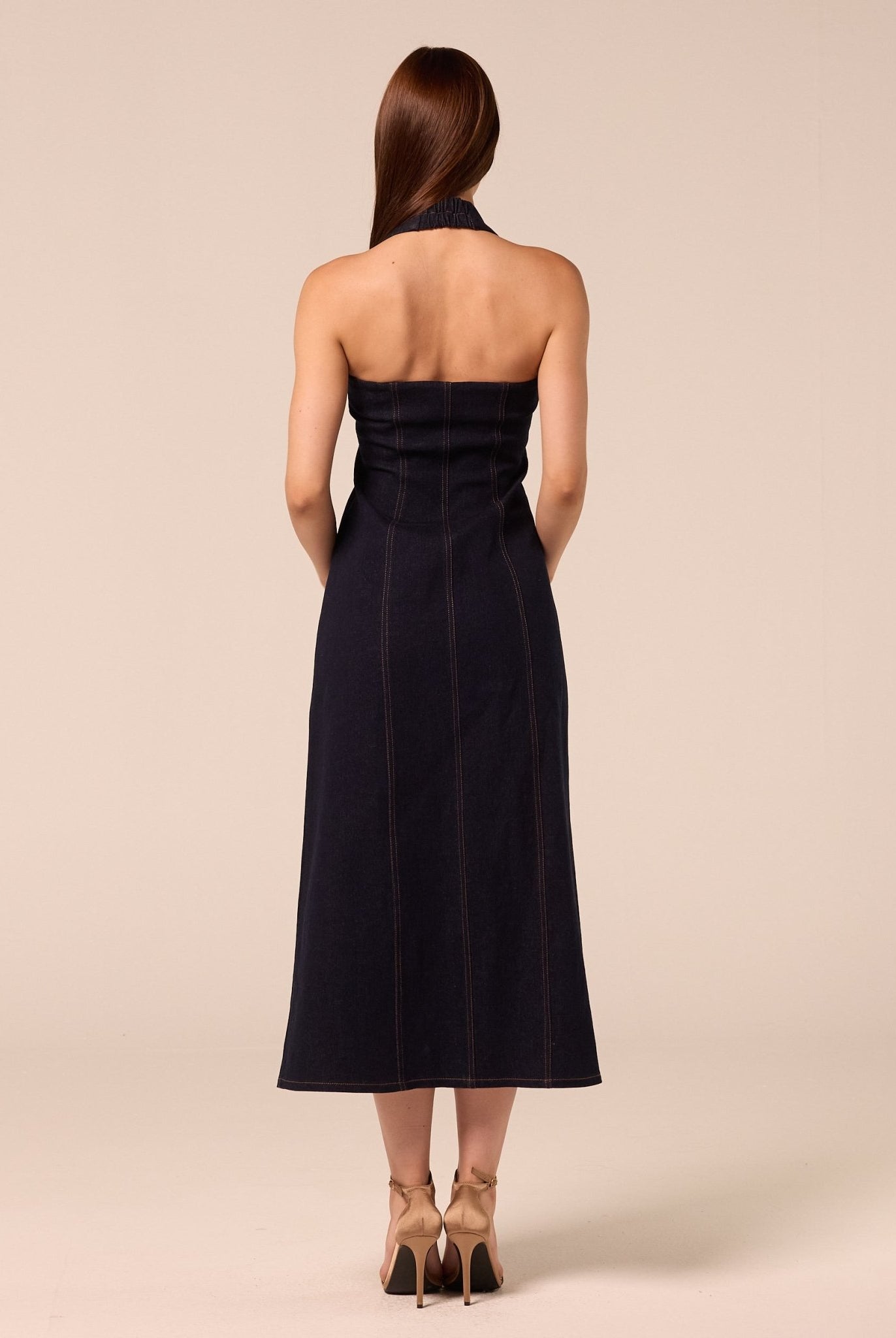 Halter Neck Denim Dress with Gold Buttons - shopaleena