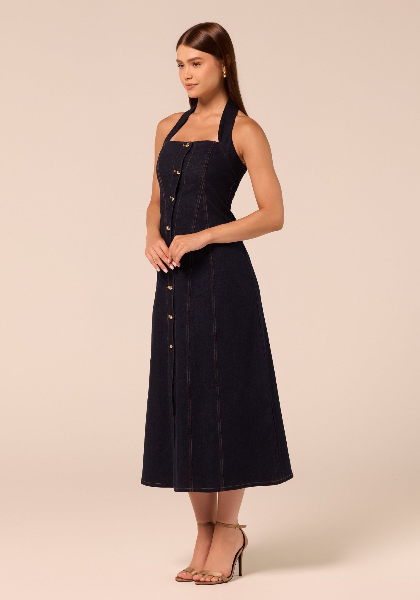 Halter Neck Denim Dress with Gold Buttons - shopaleena