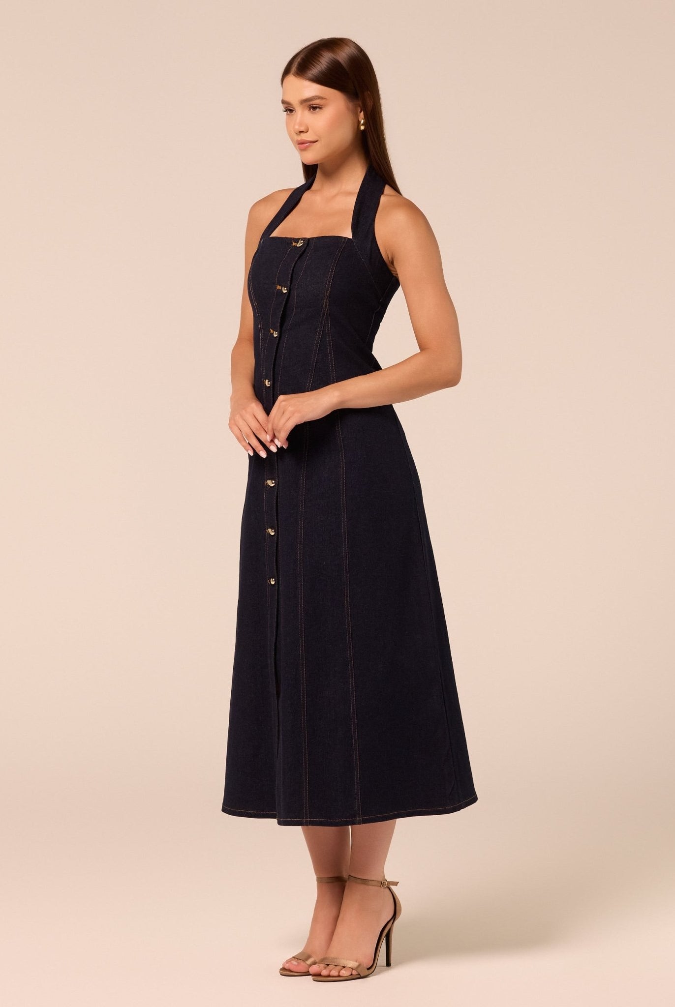 Halter Neck Denim Dress with Gold Buttons - shopaleena