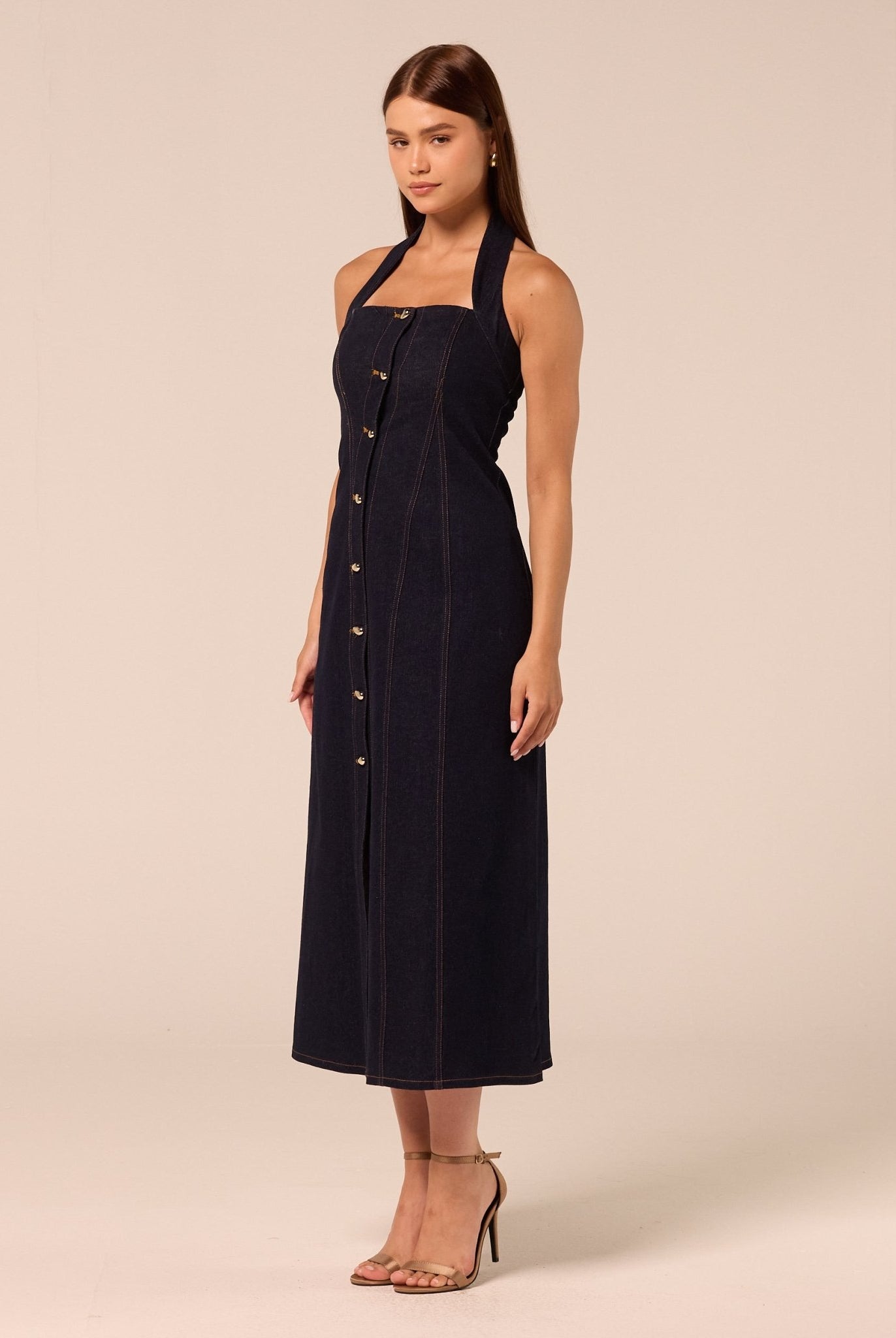 Halter Neck Denim Dress with Gold Buttons - shopaleena
