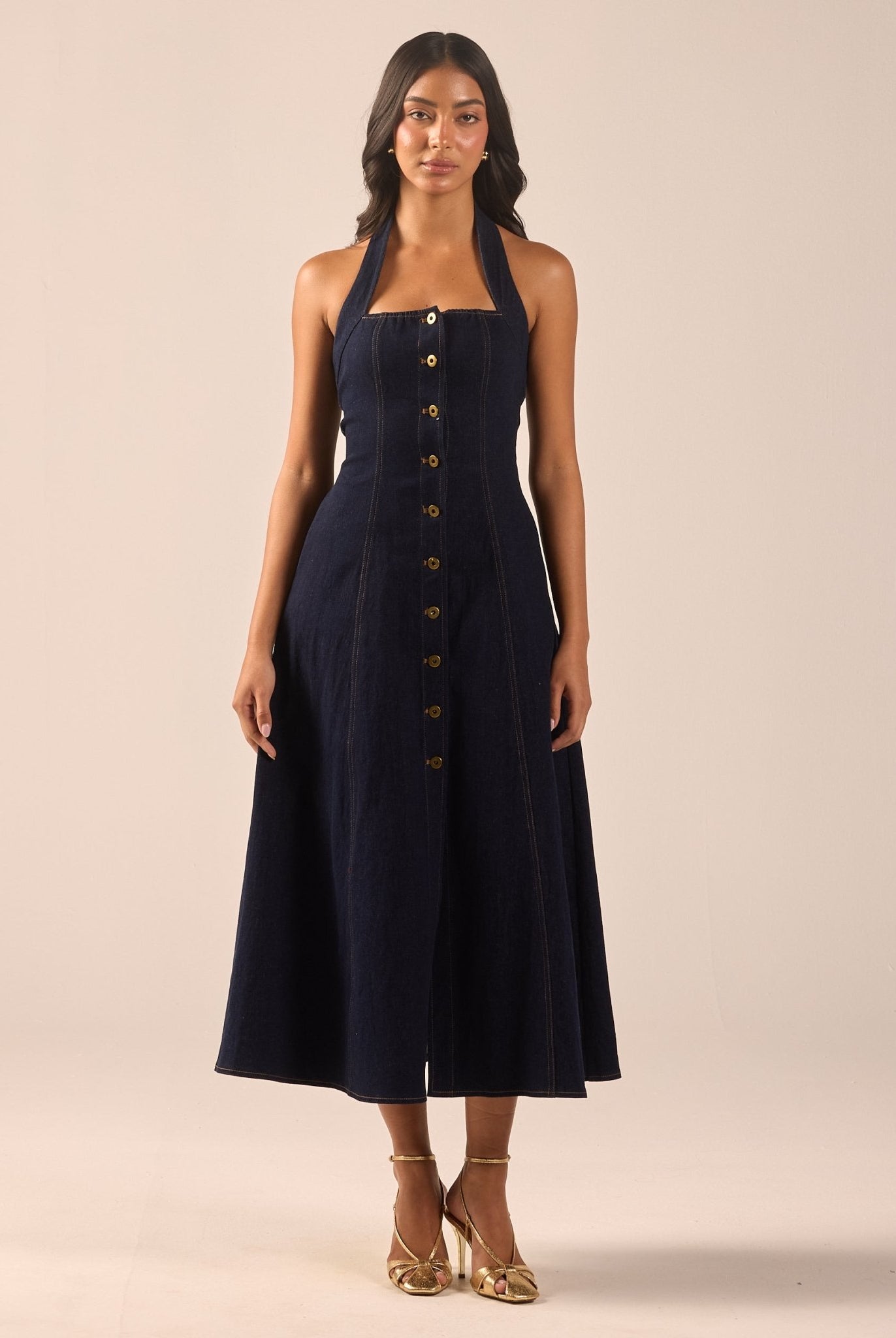 Halter Neck Denim Maxi Dress - shopaleena