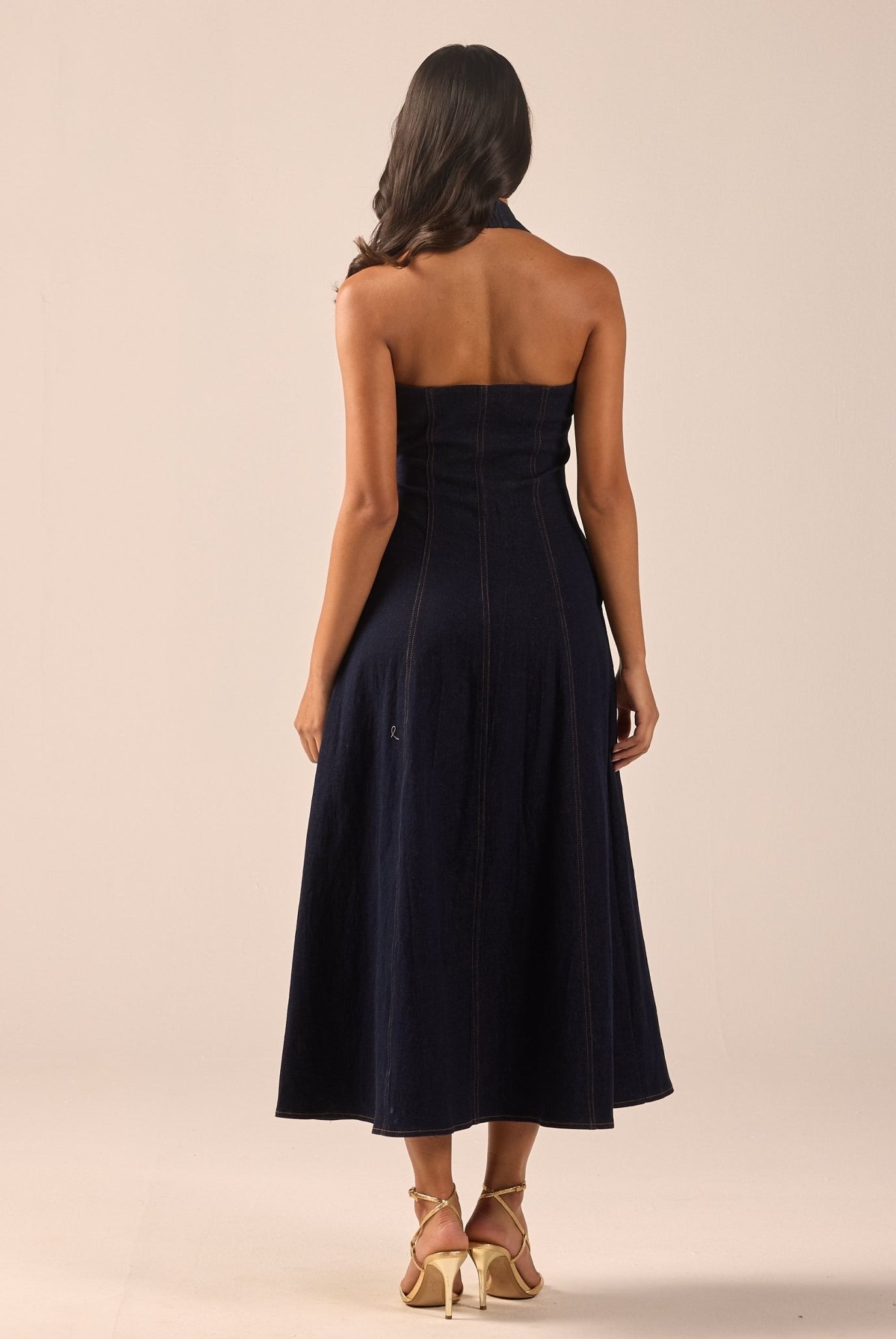 Halter Neck Denim Maxi Dress - shopaleena