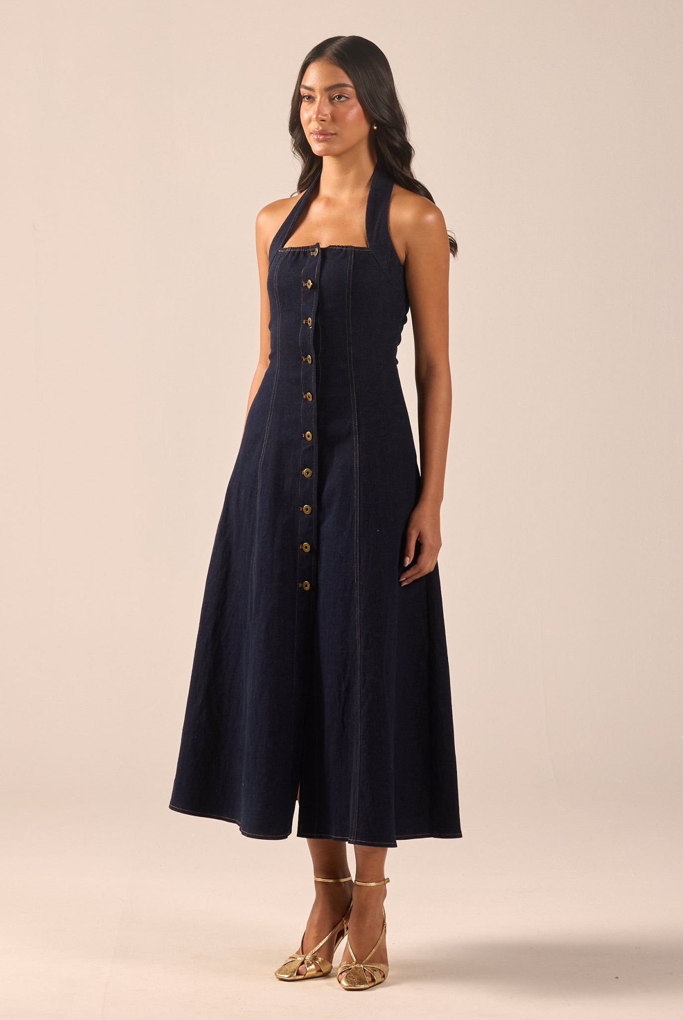 Halter Neck Denim Maxi Dress - shopaleena